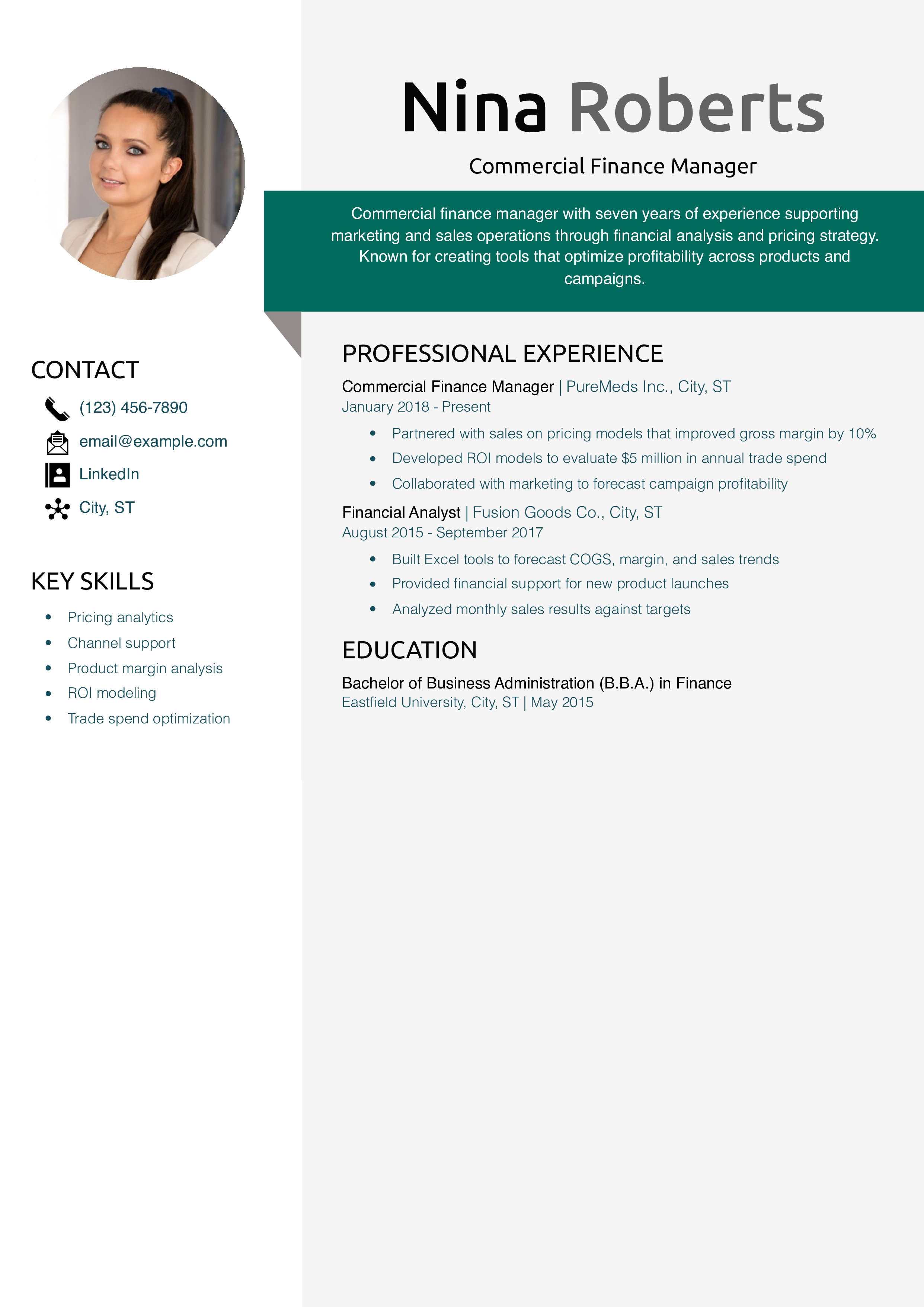 Commercial Finance Manager Resume Example