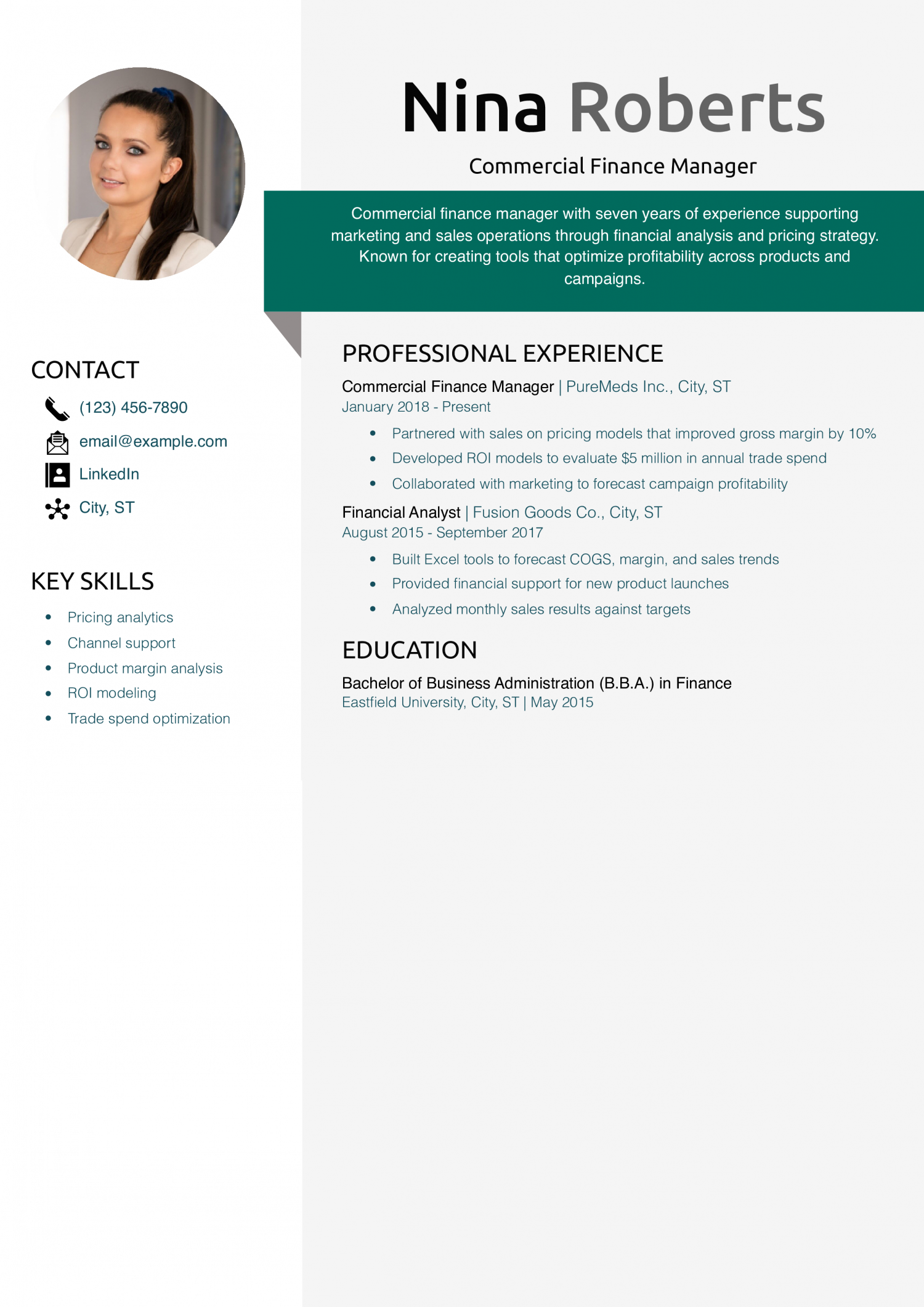 Commercial Finance Manager Resume Example