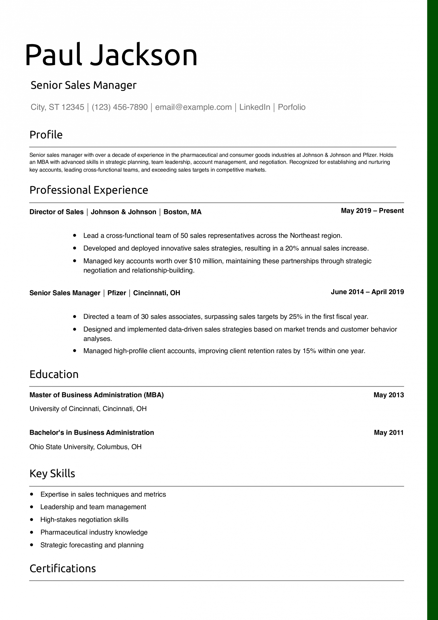 Senior Sales Manager Resume Example