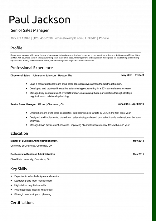 Senior Sales Manager Resume Example