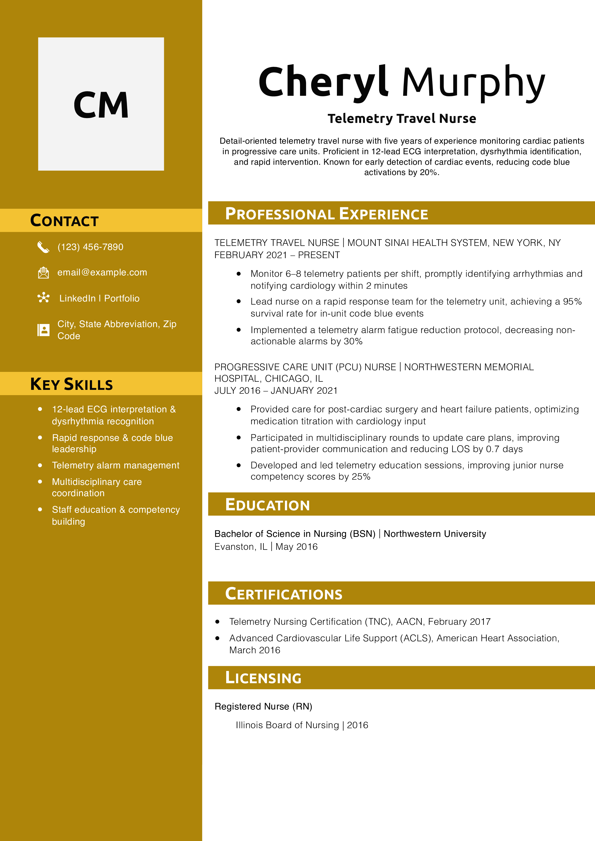 Telemetry Travel Nurse Resume Example