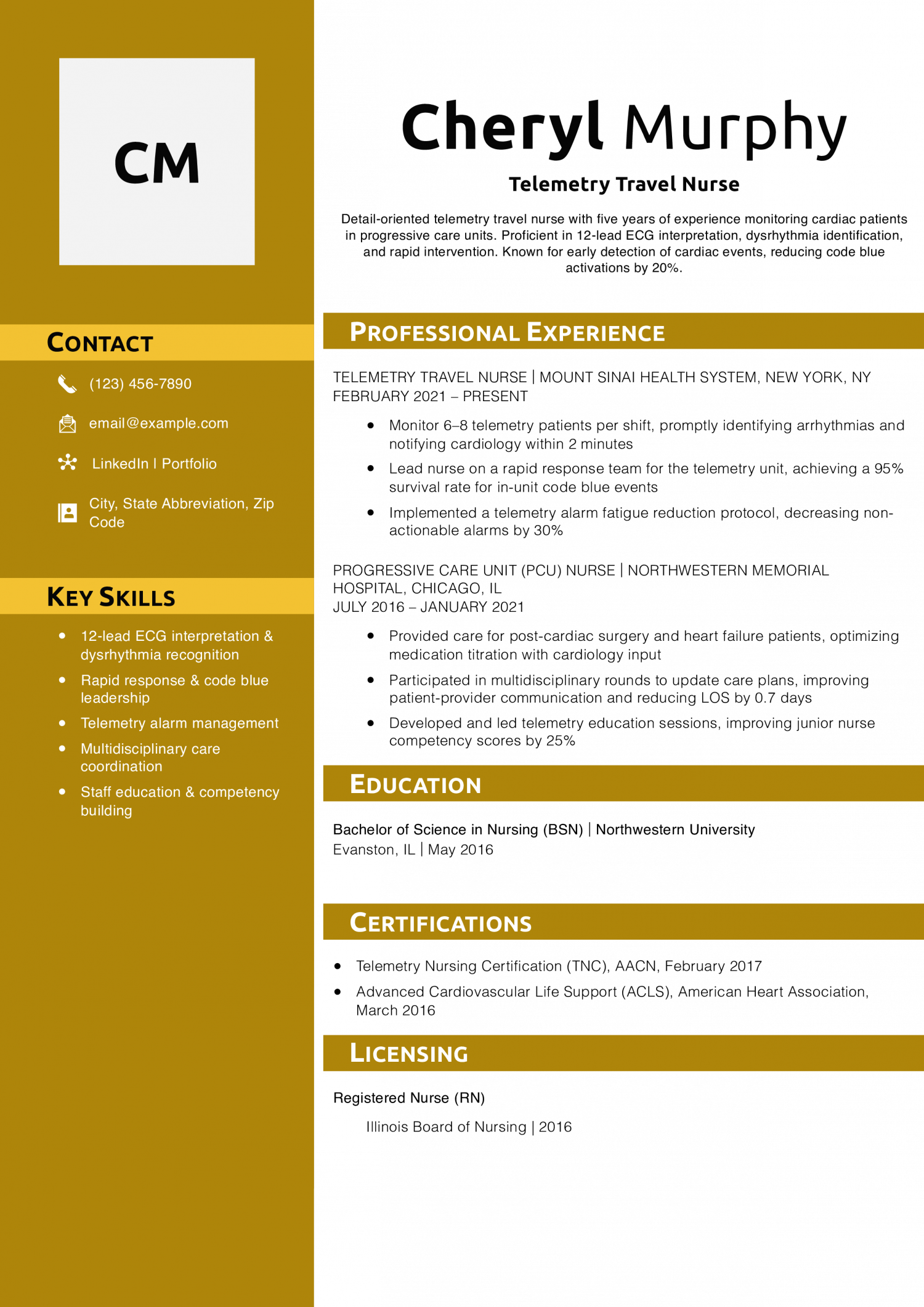 Telemetry Travel Nurse Resume Example