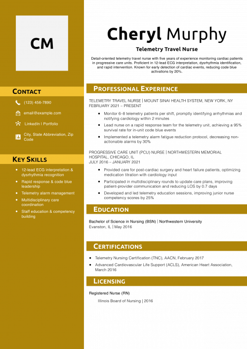 Telemetry Travel Nurse Resume Example