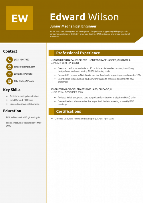 Junior Mechanical Engineer Resume Example