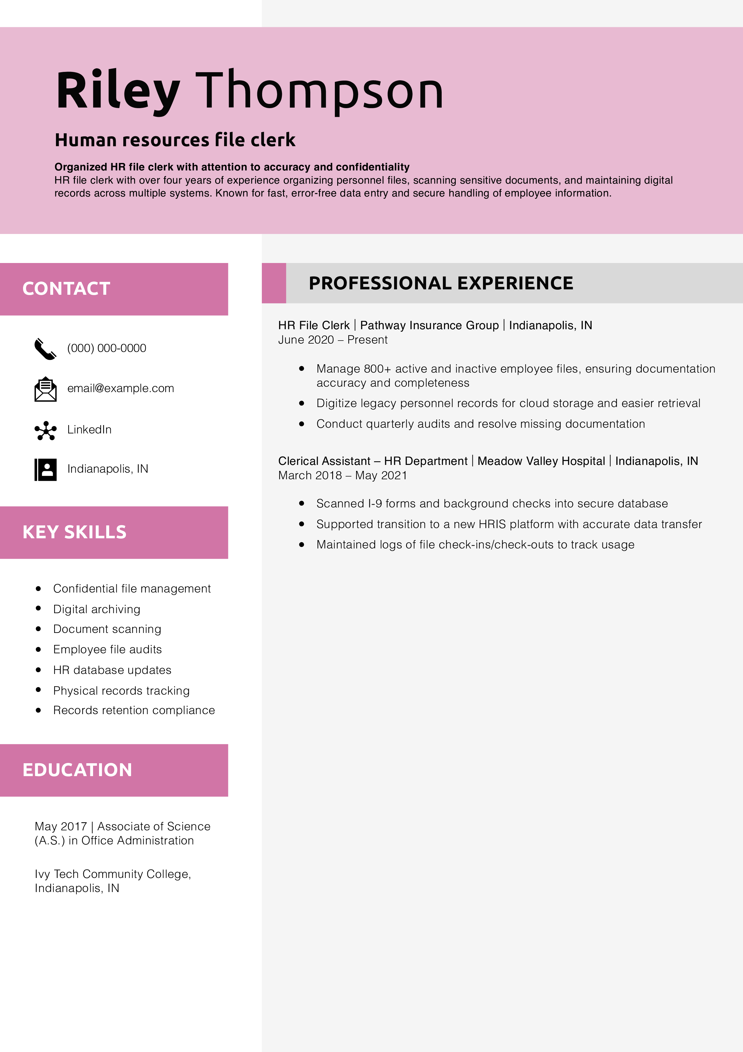 Human resources file clerk resume