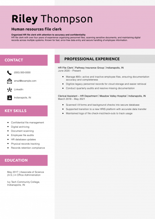 Human resources file clerk resume