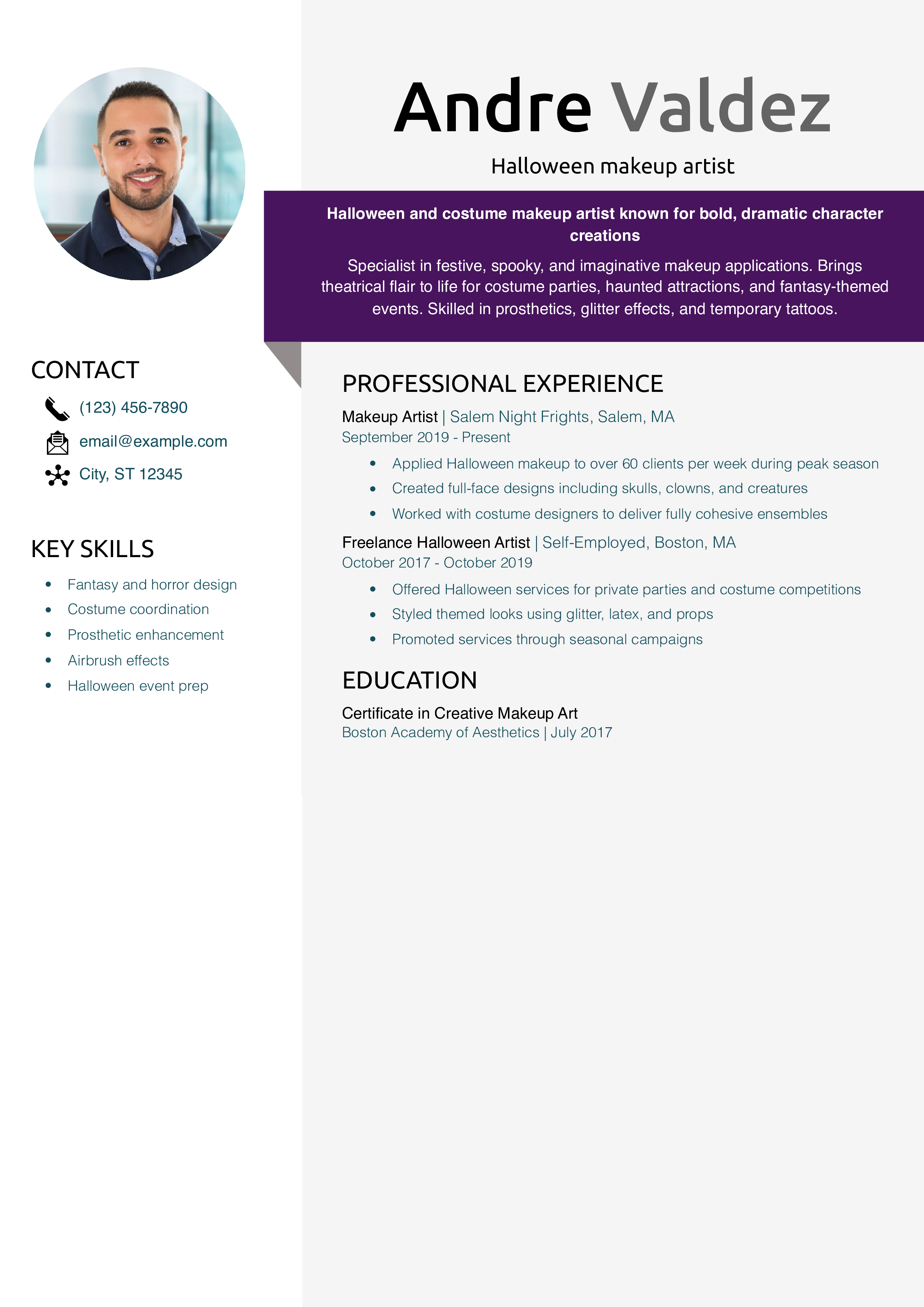 Halloween makeup artist resume example