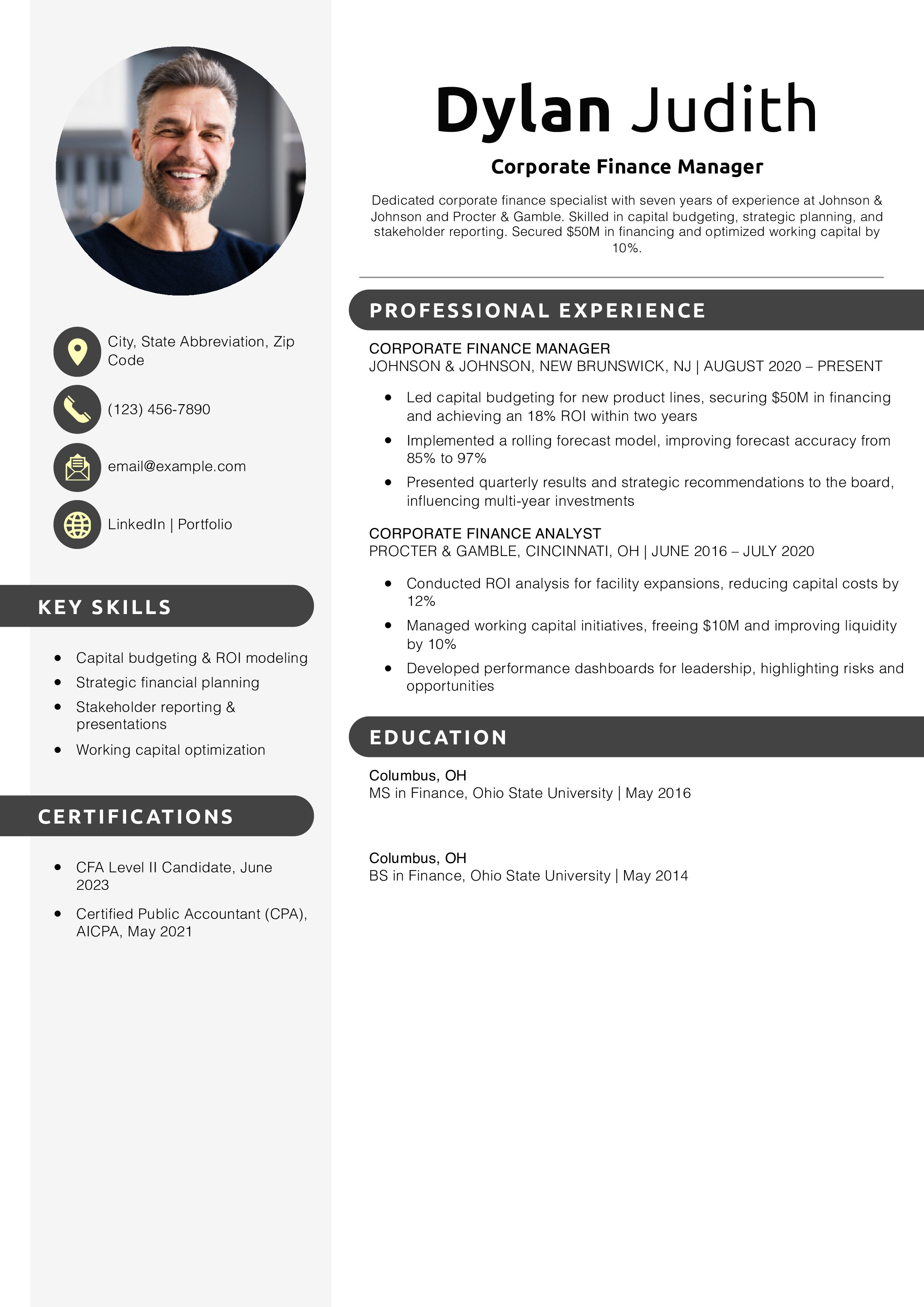 Corporate Finance Manager Resume Example