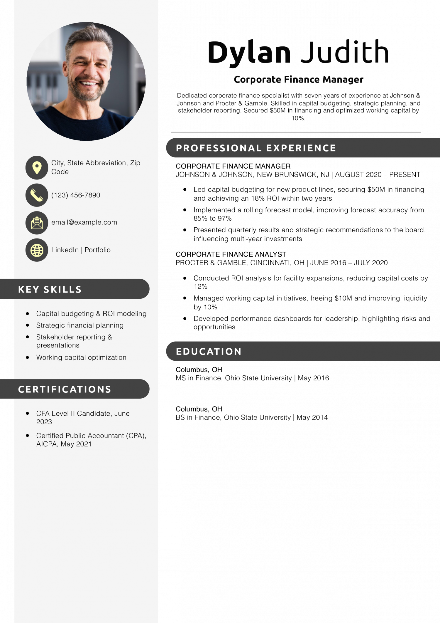 Corporate Finance Manager Resume Example