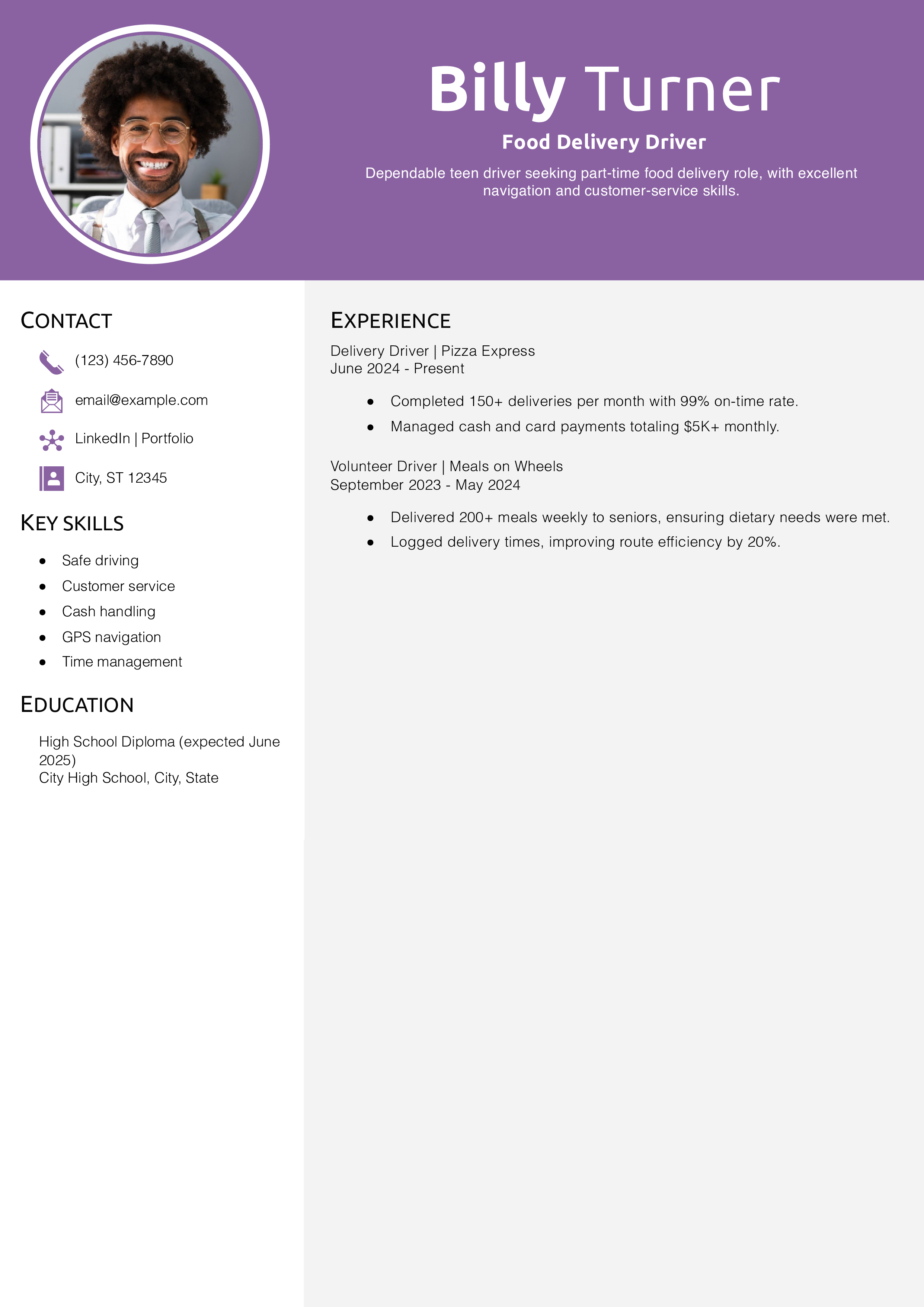 Food Delivery Driver Resume Example