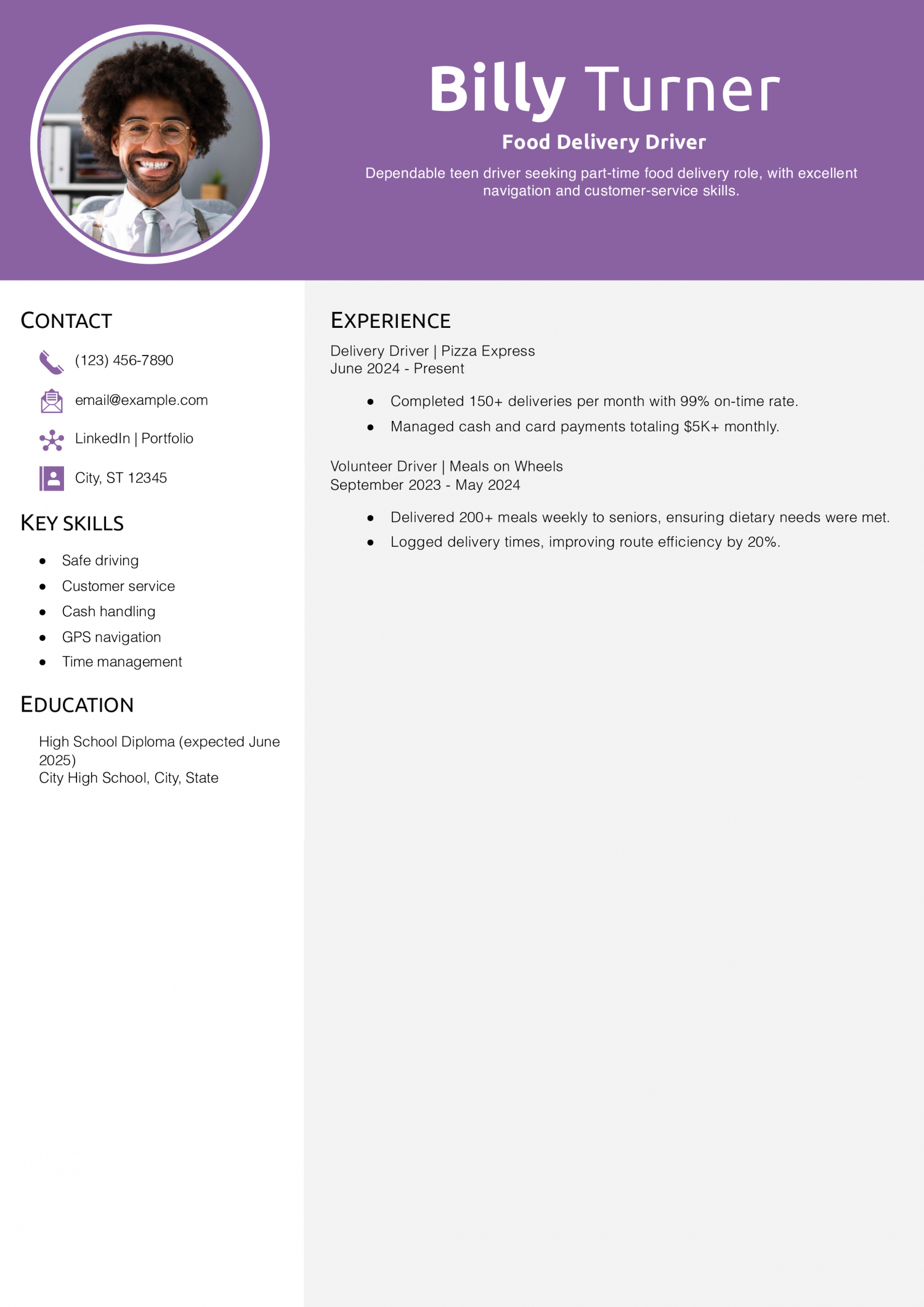 Food Delivery Driver Resume Example