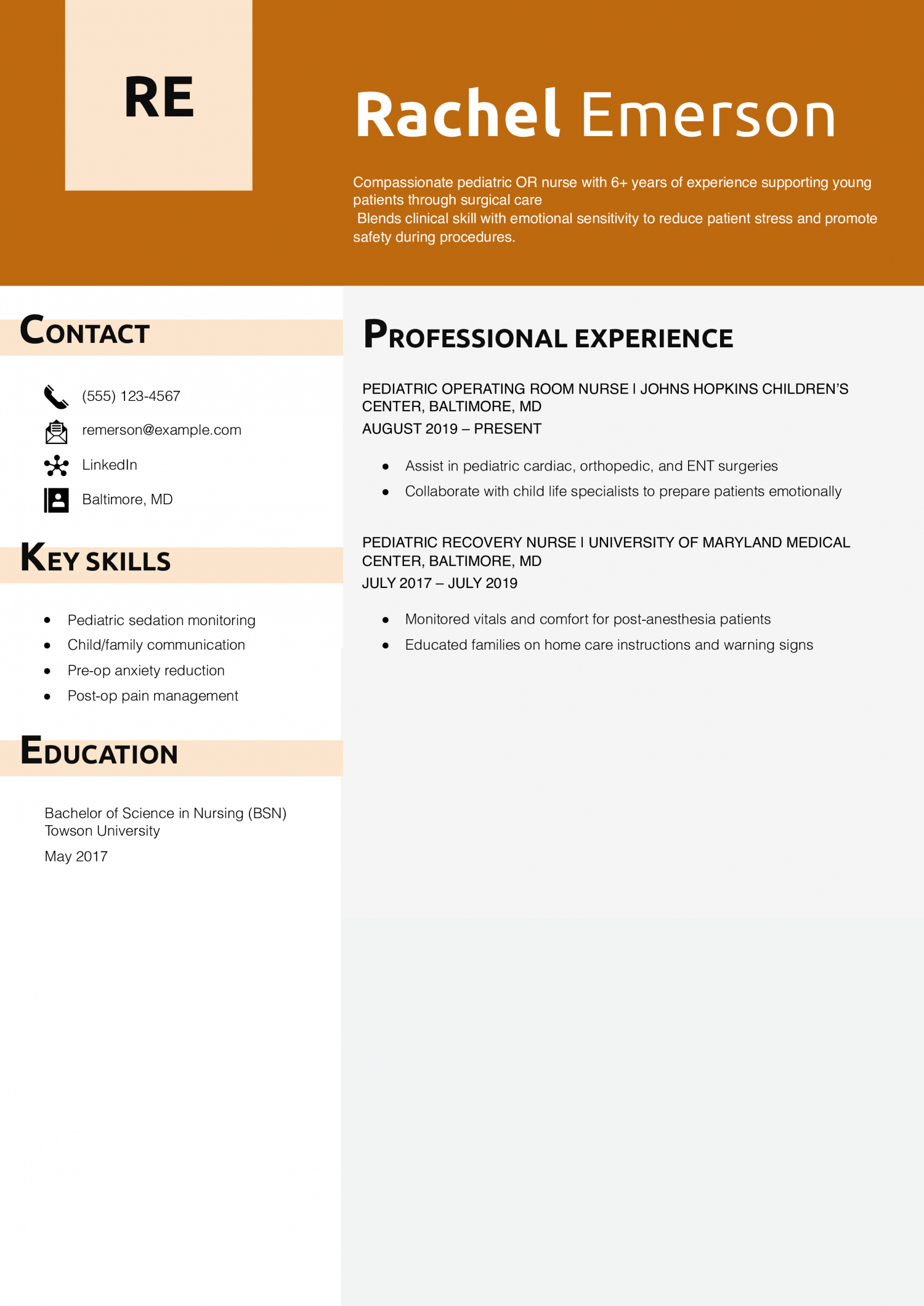 Pediatric OR Nurse Resume