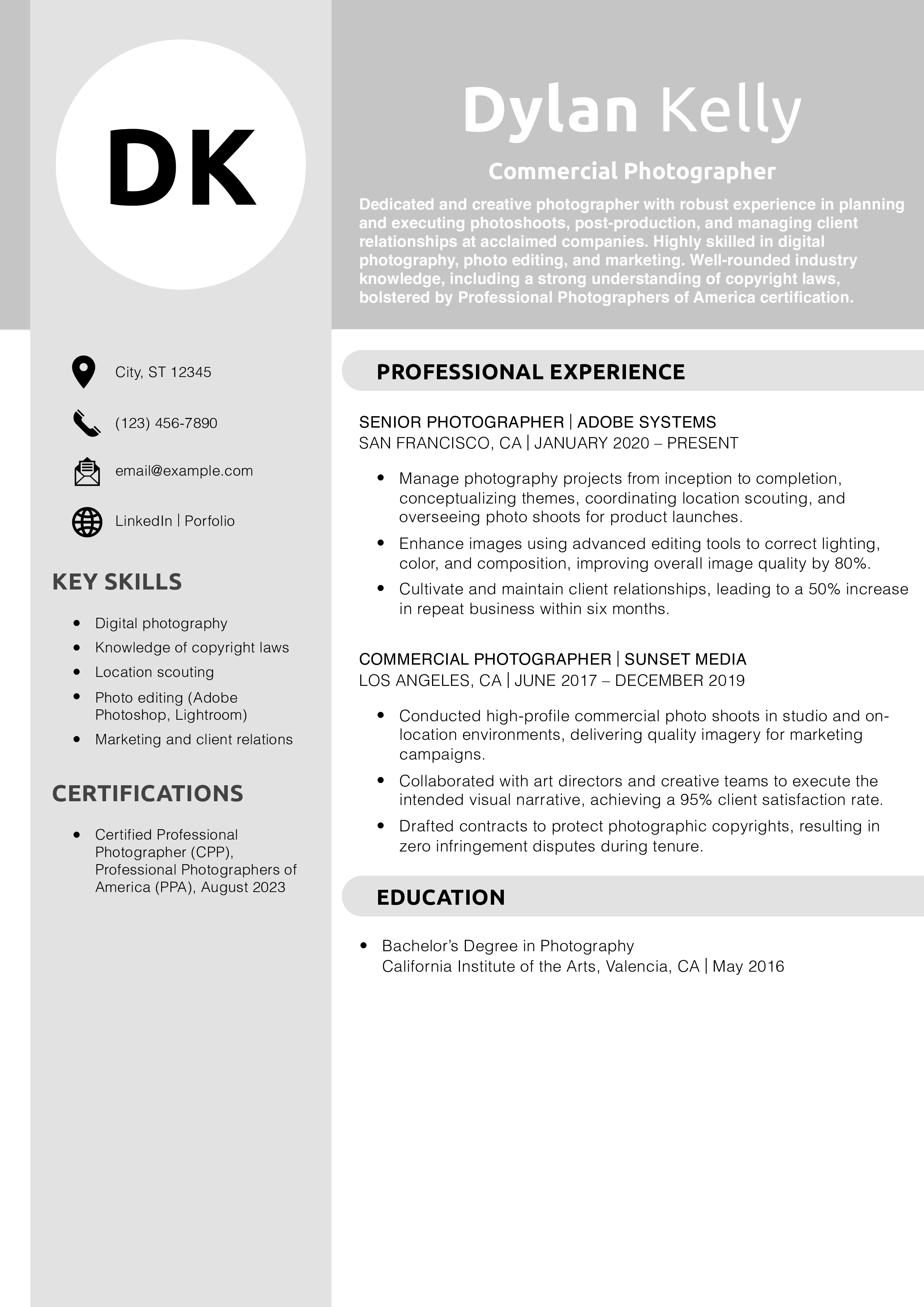 Commercial Photographer Resume Example