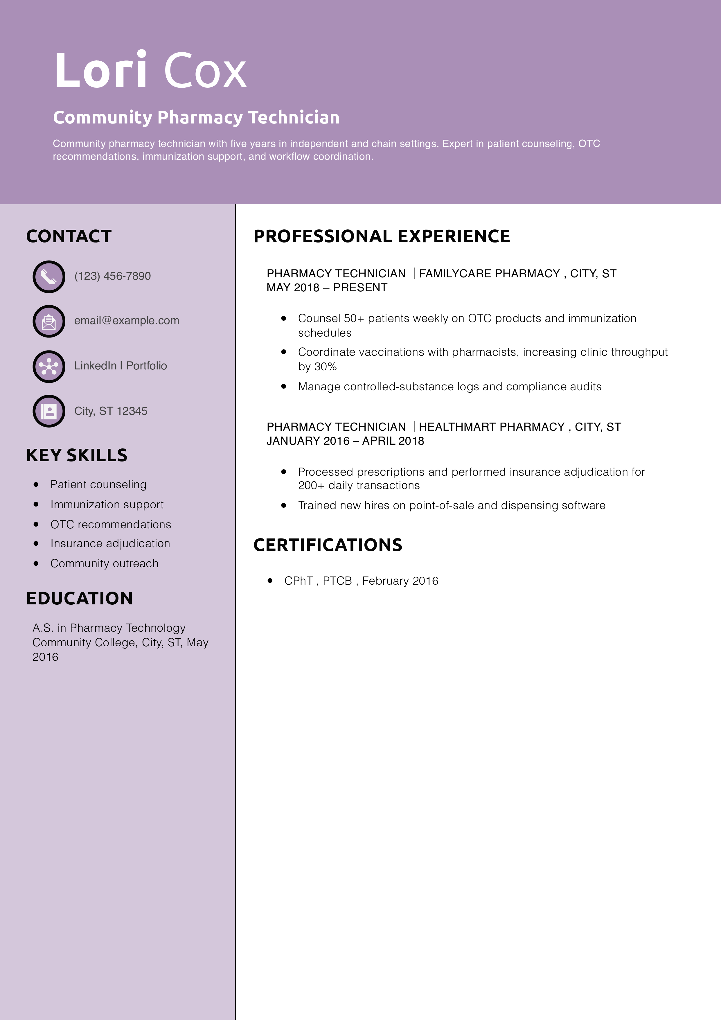 Community Pharmacy Technician Resume Example
