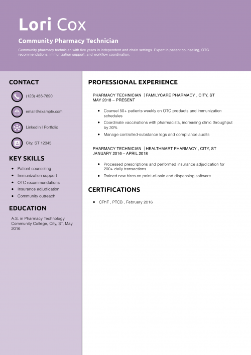 Community Pharmacy Technician Resume Example