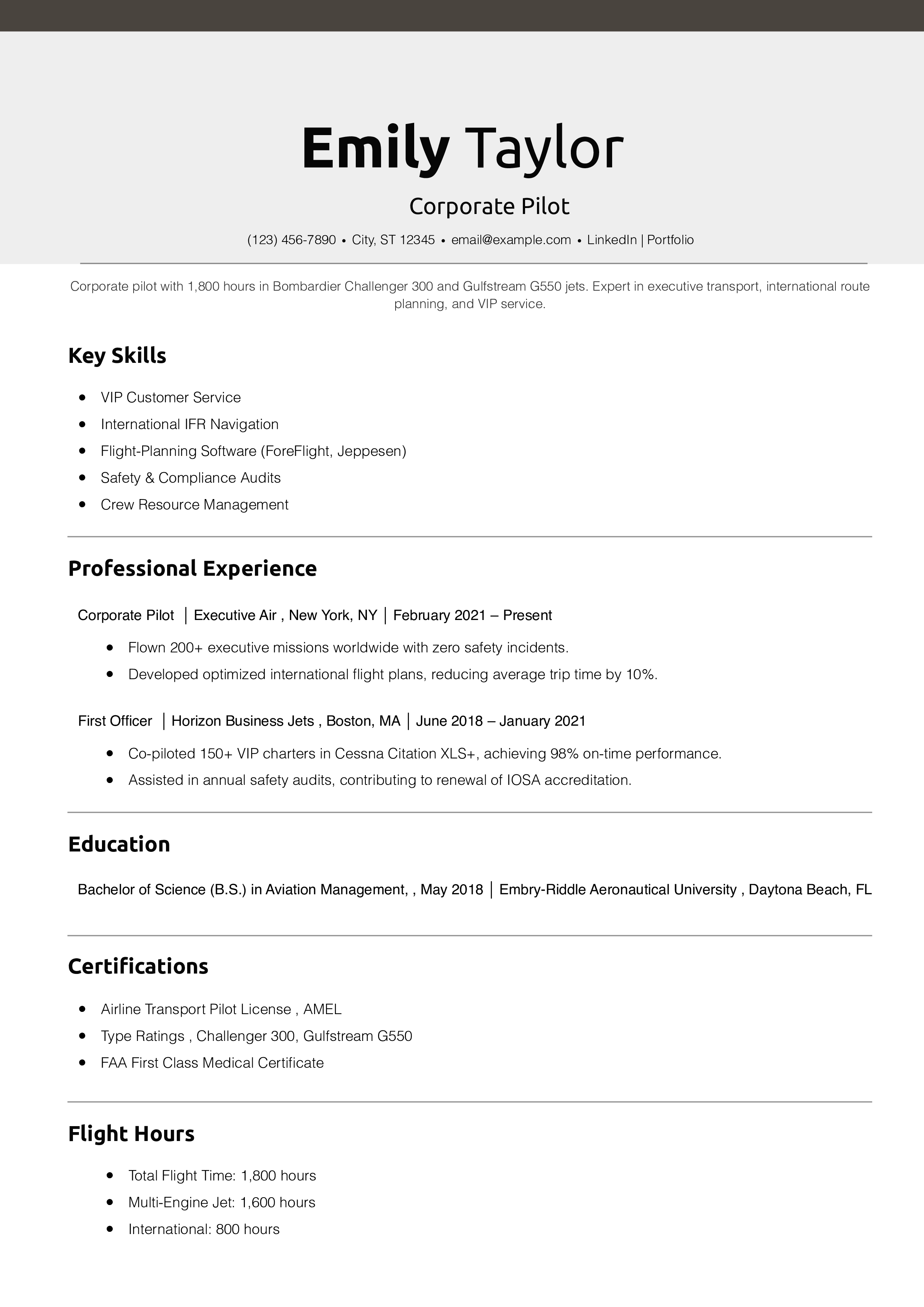 Corporate Pilot Resume Example