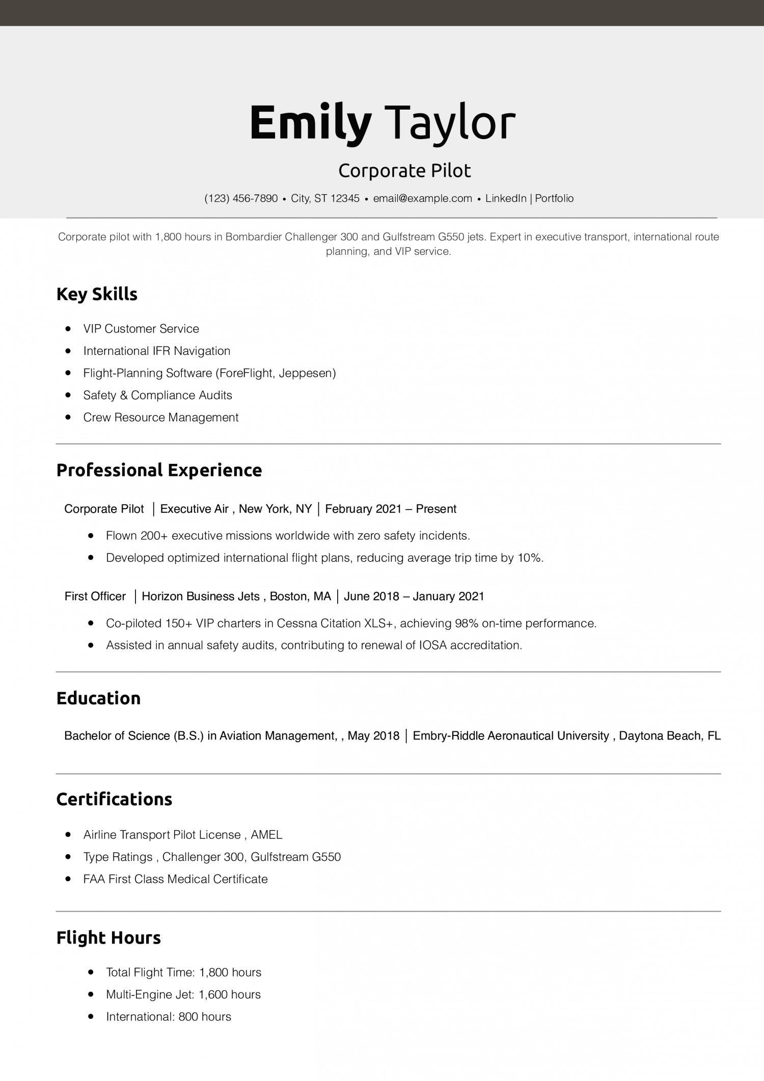 Corporate Pilot Resume Example