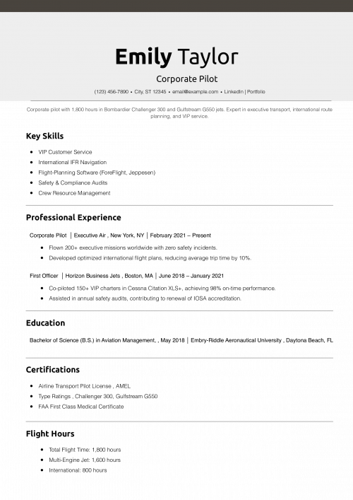 Corporate Pilot Resume Example