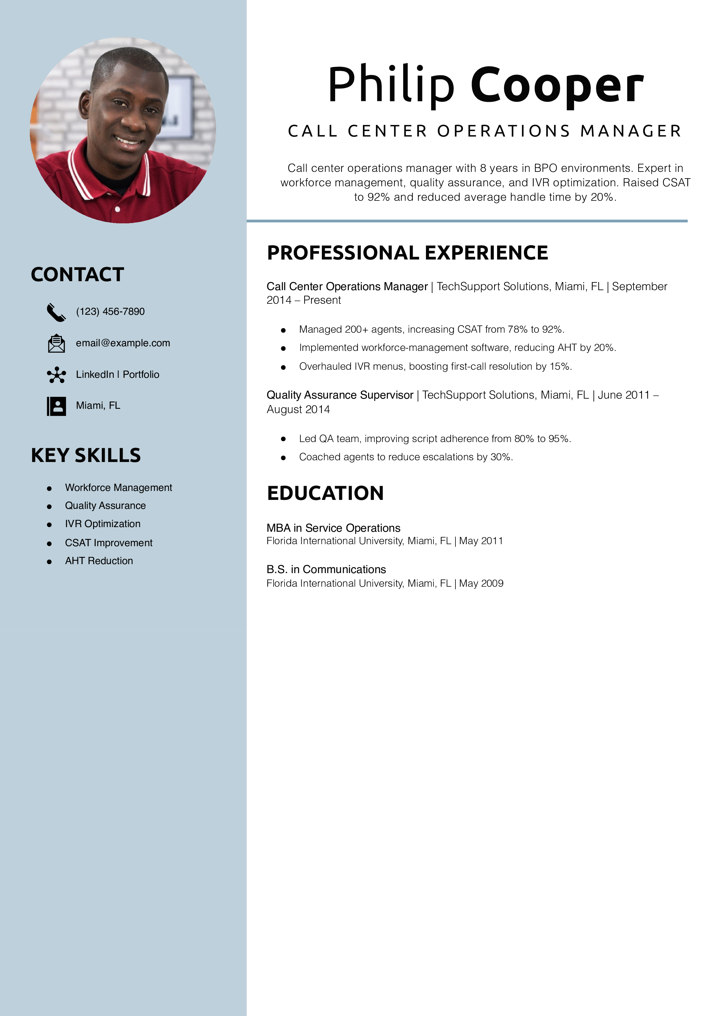 Call Center Operations Manager Resume Example