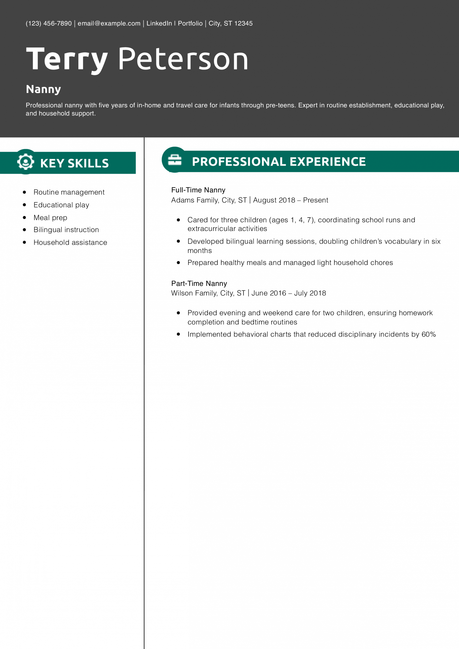 Nanny Resume Example