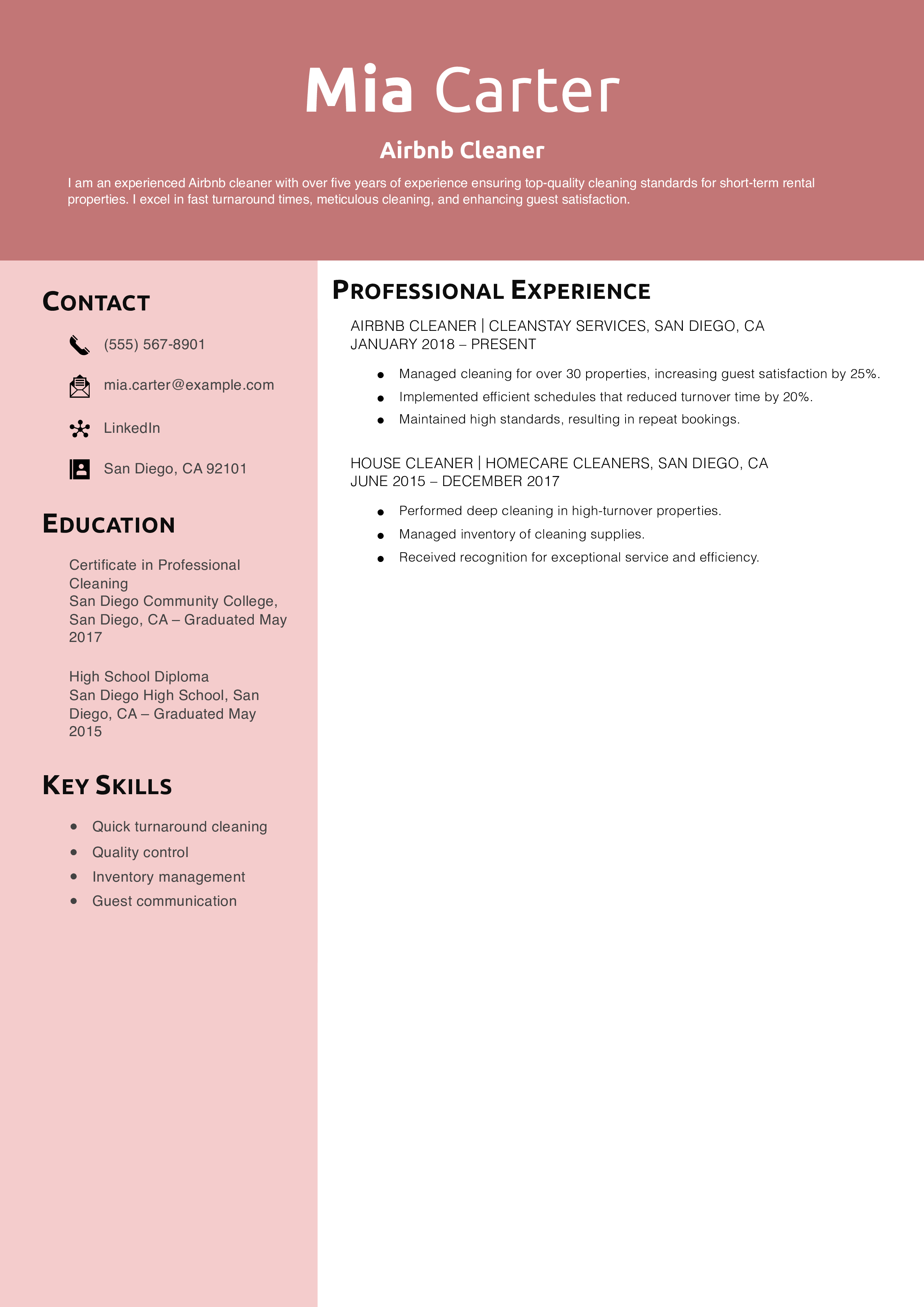 Airbnb Cleaner Resume Example