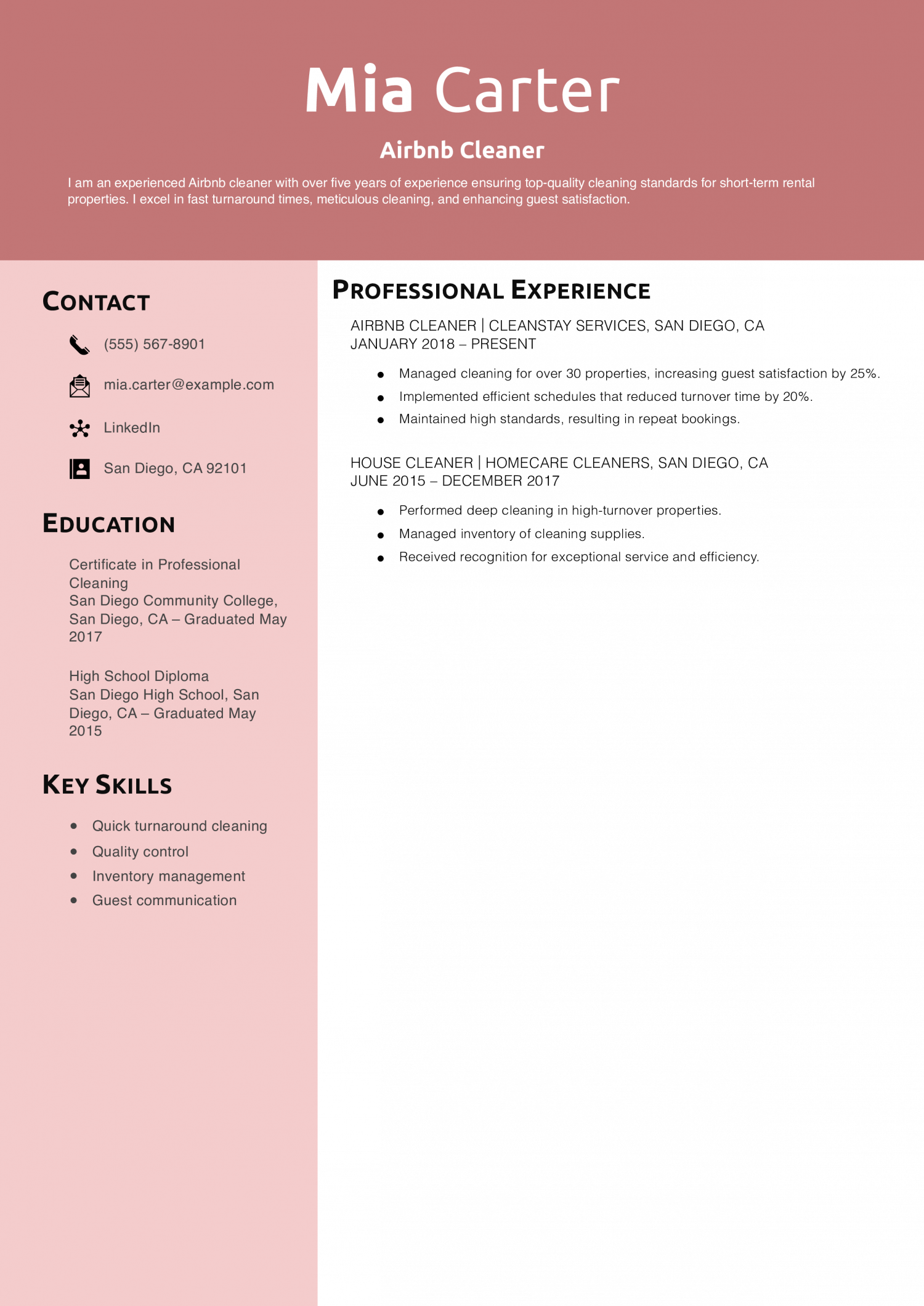 Airbnb Cleaner Resume Example