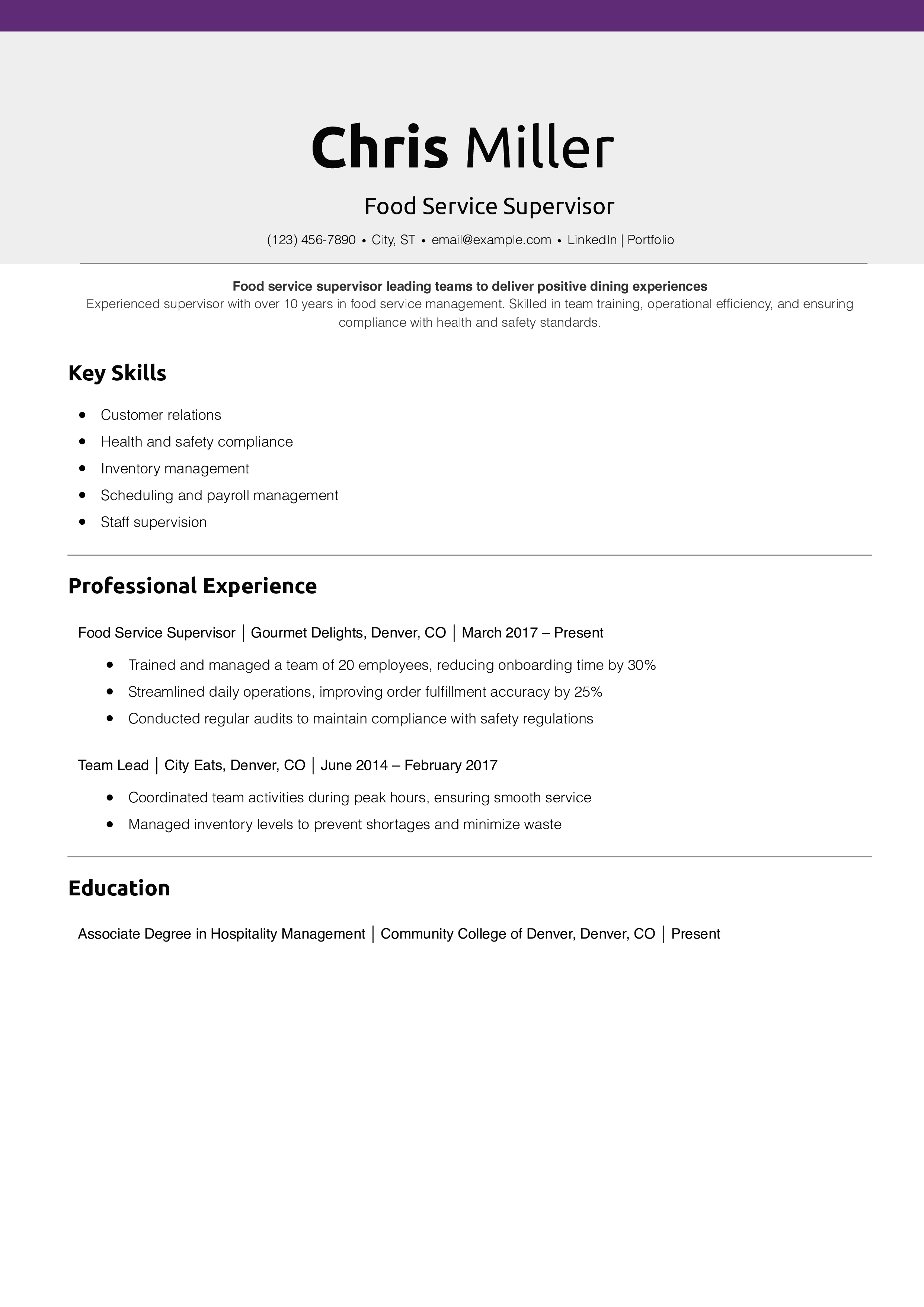 Food Service Supervisor Resume