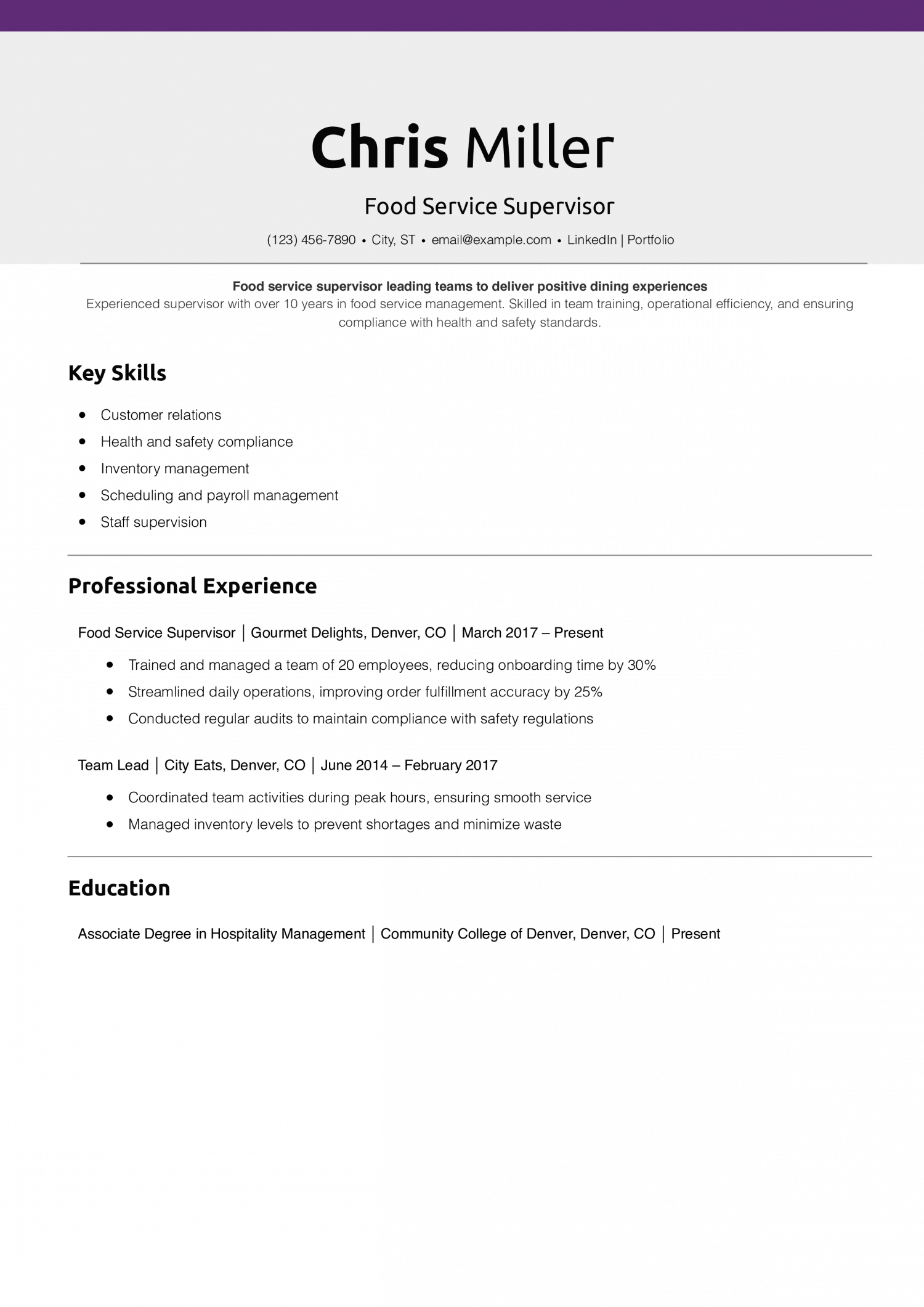 Food Service Supervisor Resume