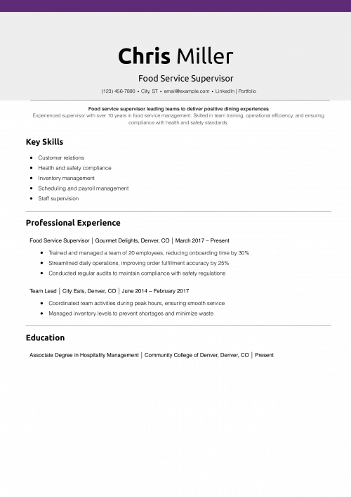 Food Service Supervisor Resume