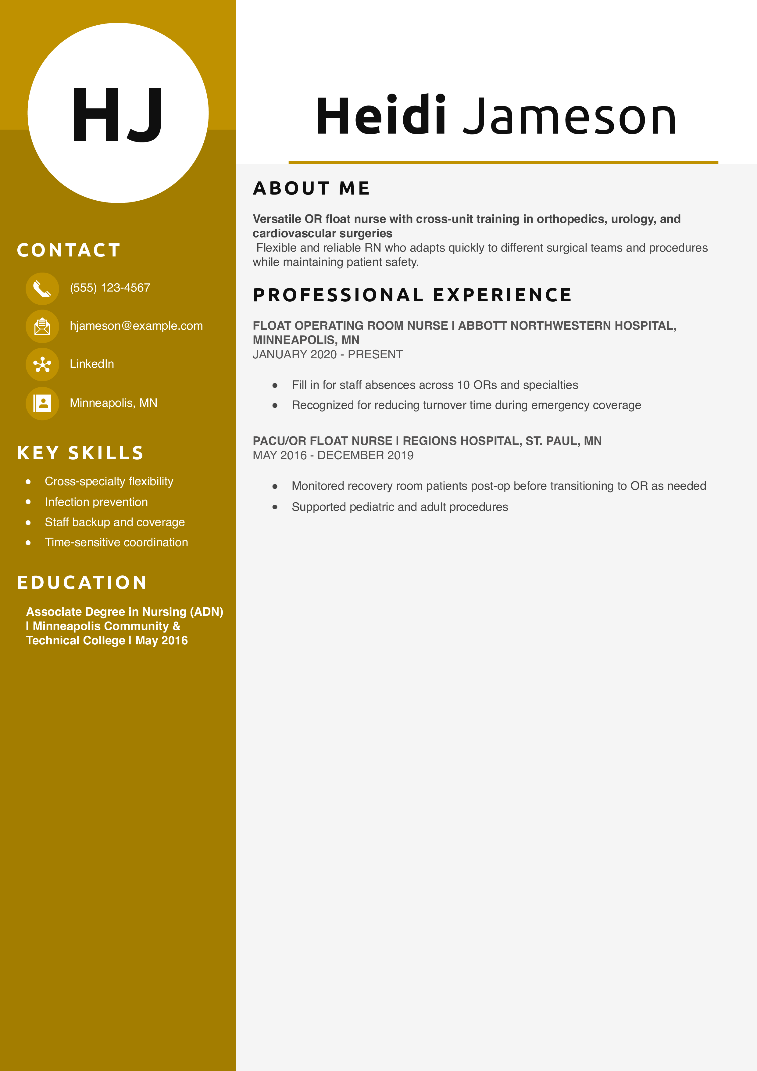 Operating Room Float Nurse Resume