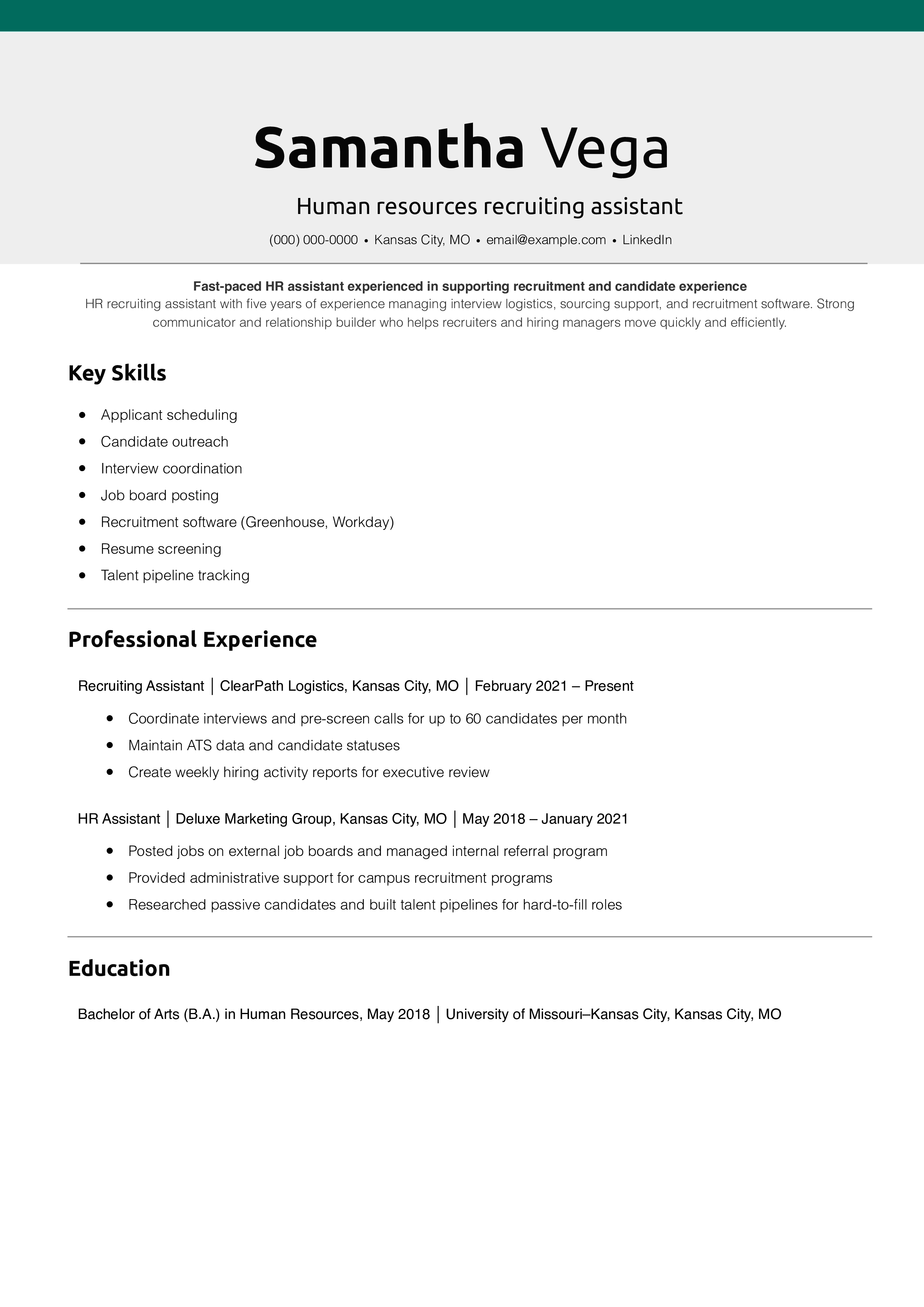 Human resources recruiting assistant resume