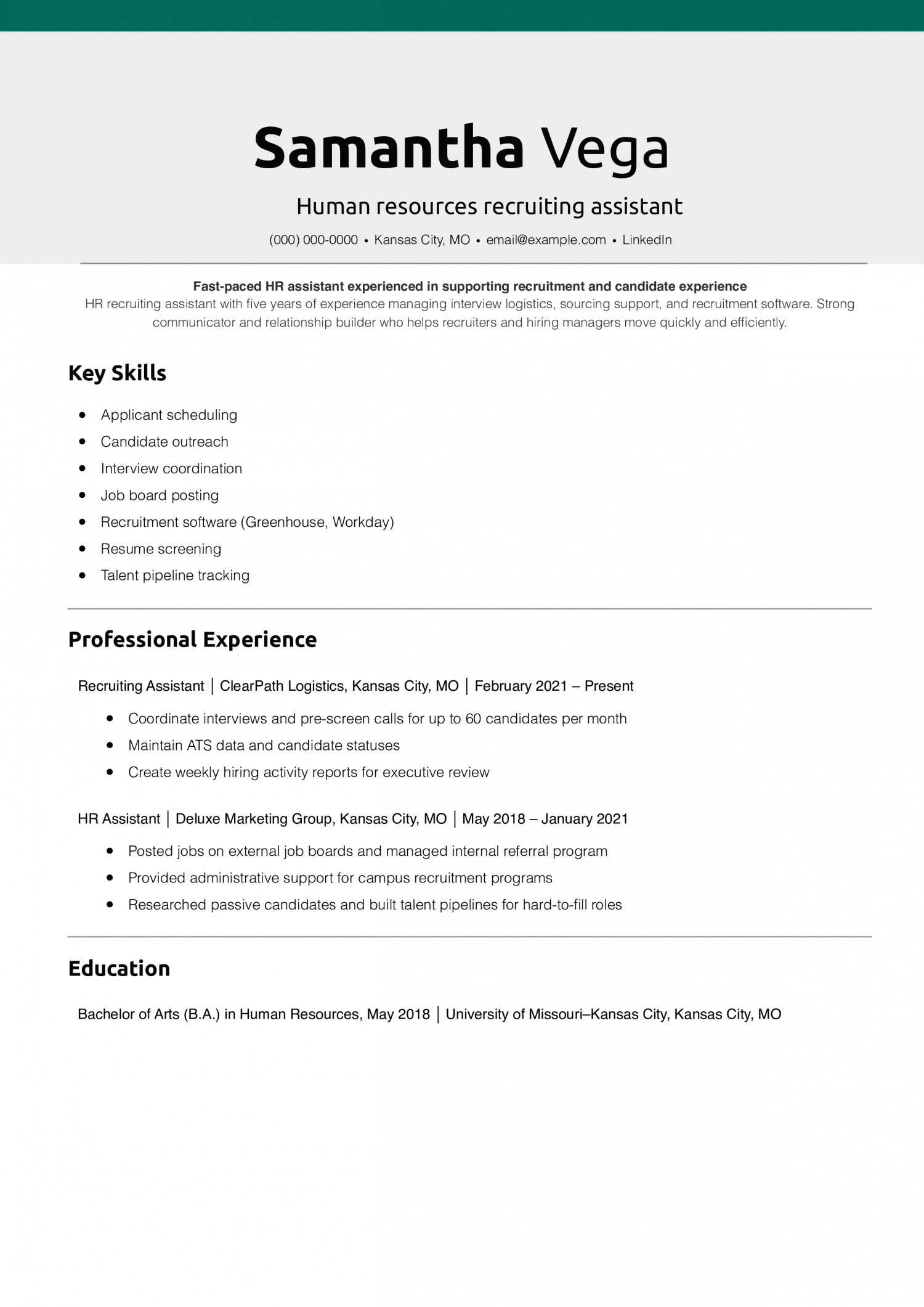 Human resources recruiting assistant resume