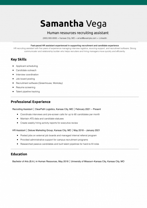 Human resources recruiting assistant resume