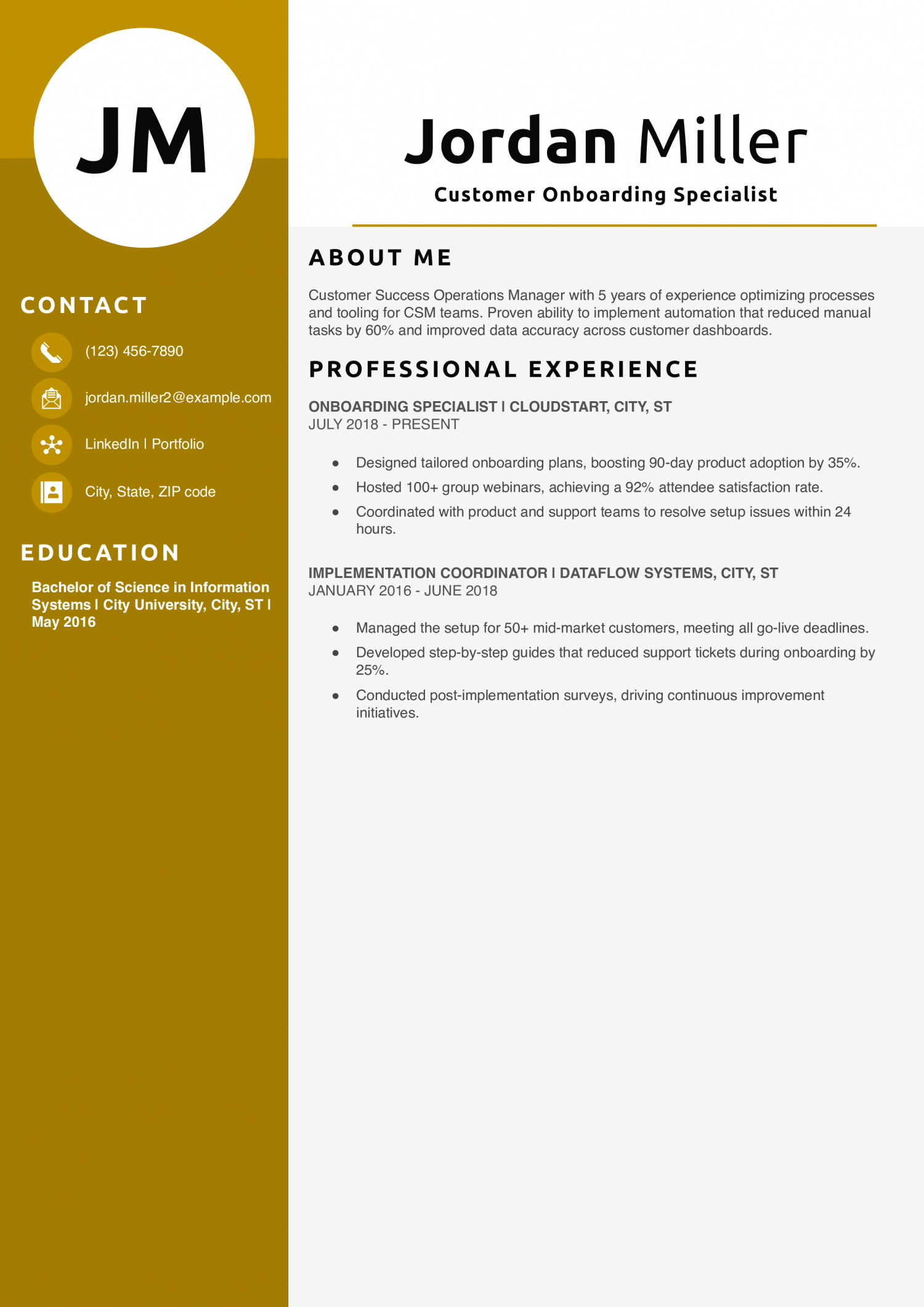 Customer Onboarding Specialist Resume Example