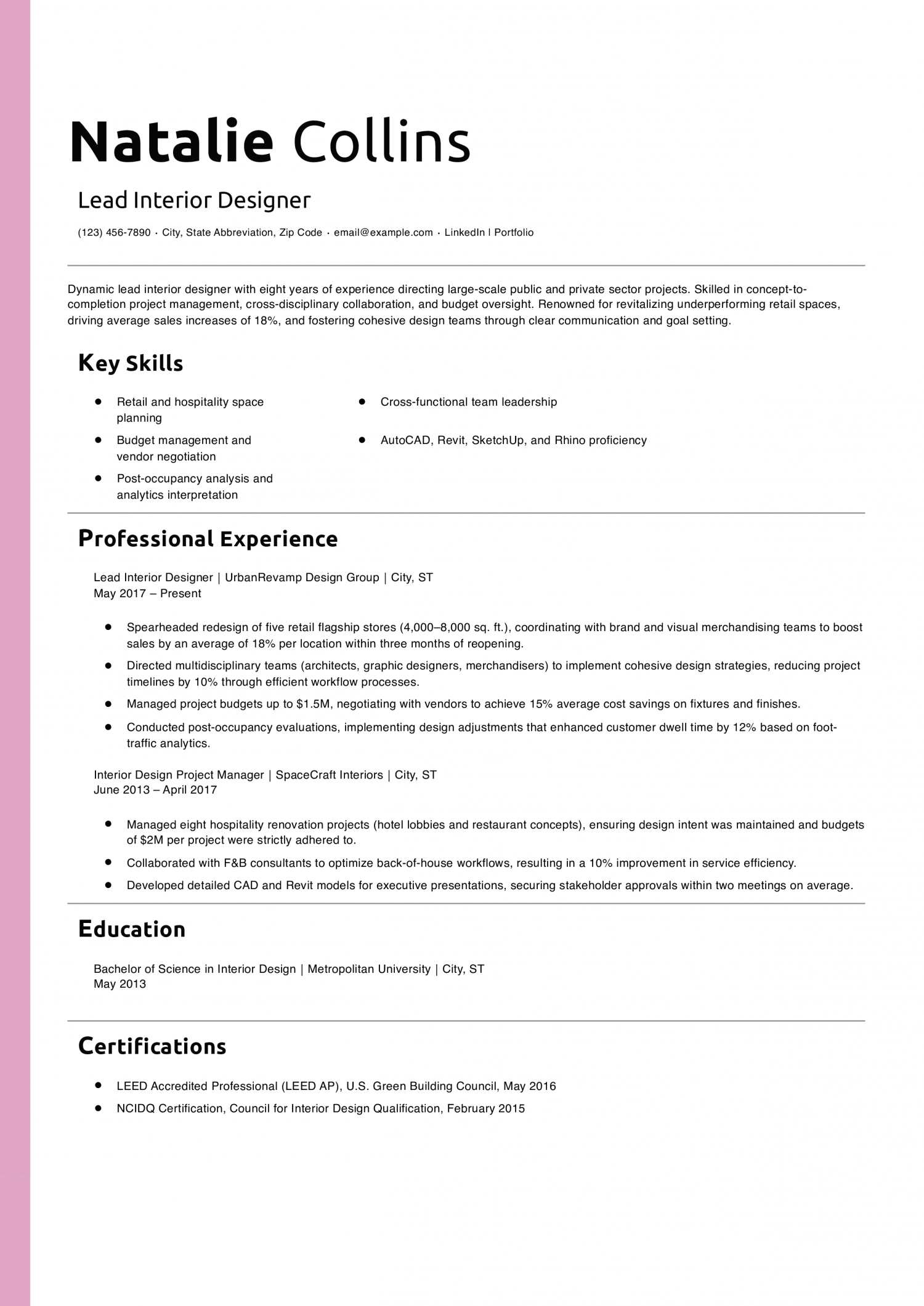 Lead Interior Designer Resume Example