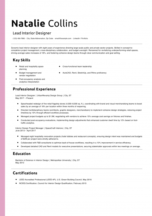 Lead Interior Designer Resume Example