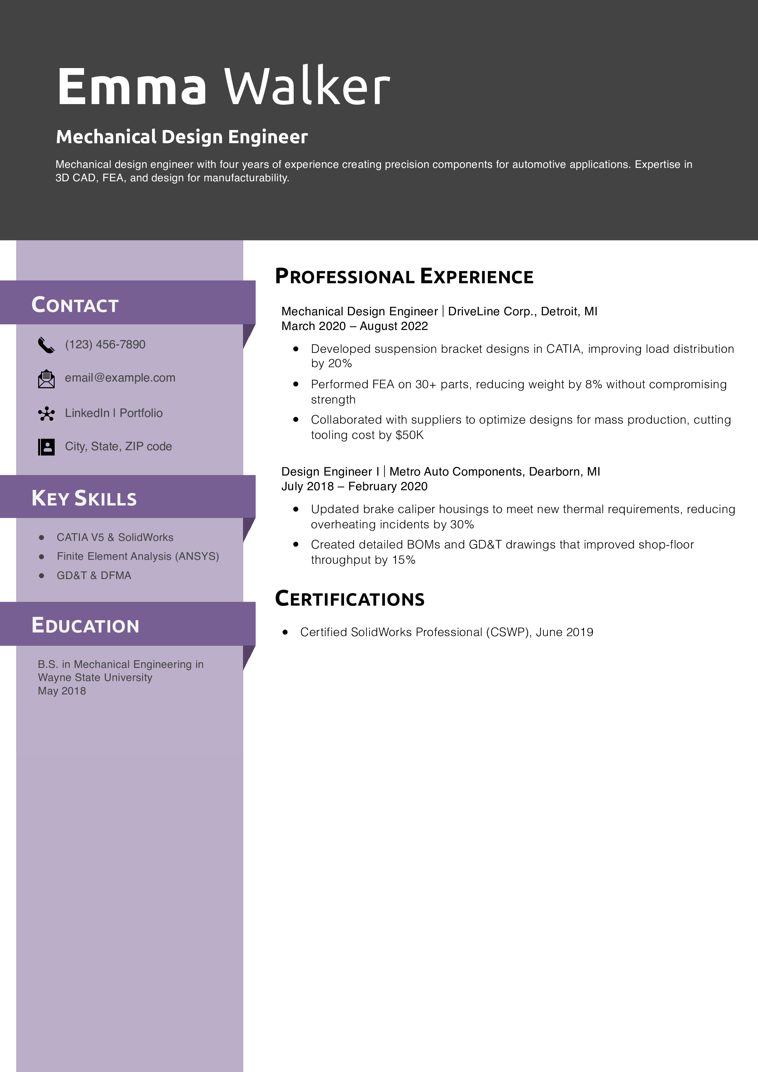 Mechanical Design Engineer Resume Example