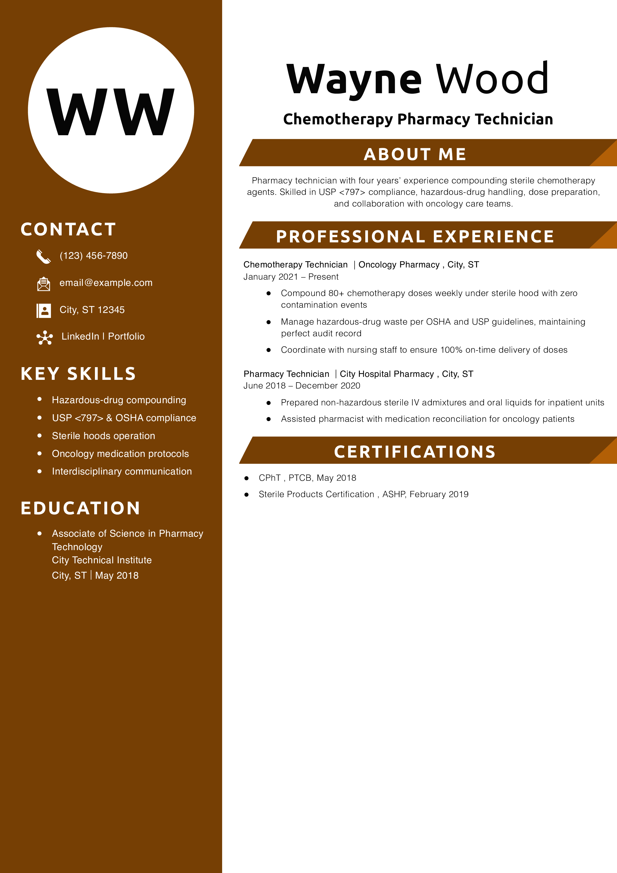 Chemotherapy Pharmacy Technician Resume Example