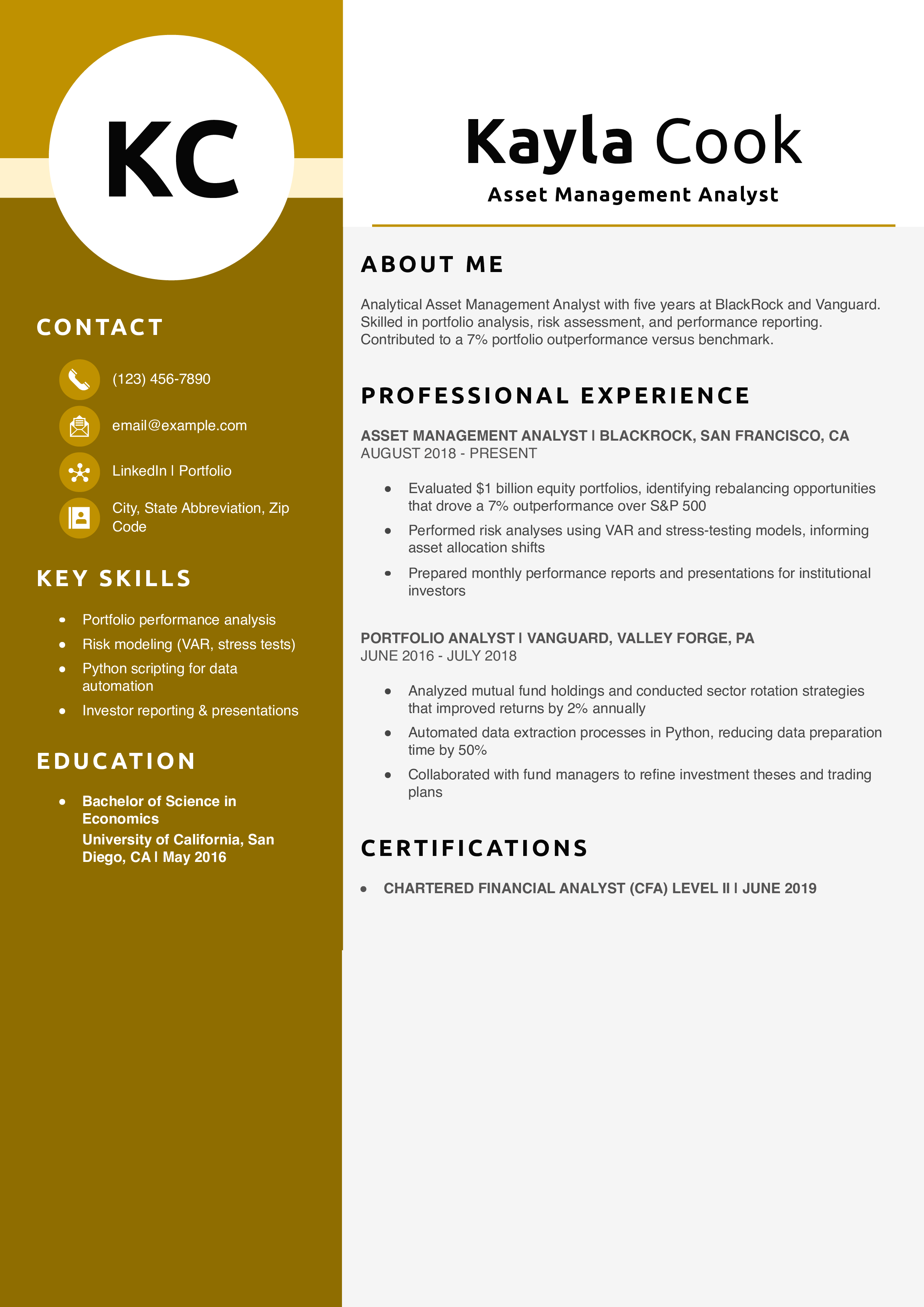 Asset Management Analyst Resume Example