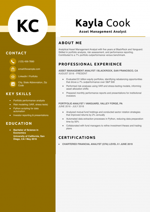 Asset Management Analyst Resume Example
