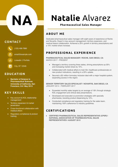 Pharmaceutical Sales Manager Resume Example