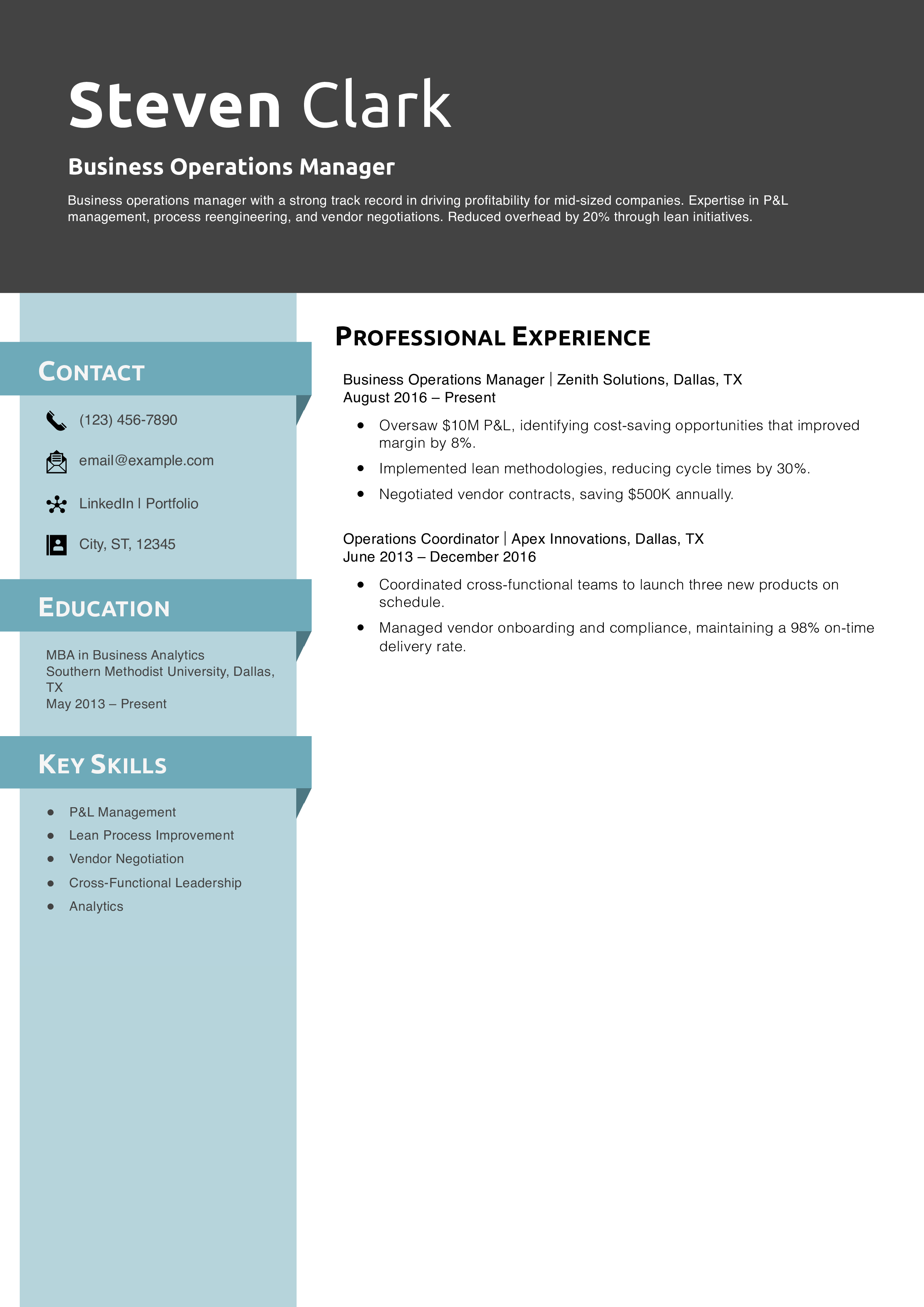 Business Operations Manager Resume Example