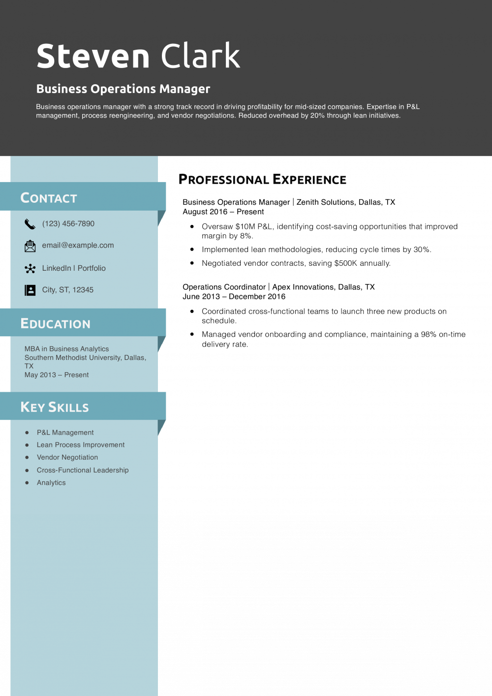 Business Operations Manager Resume Example