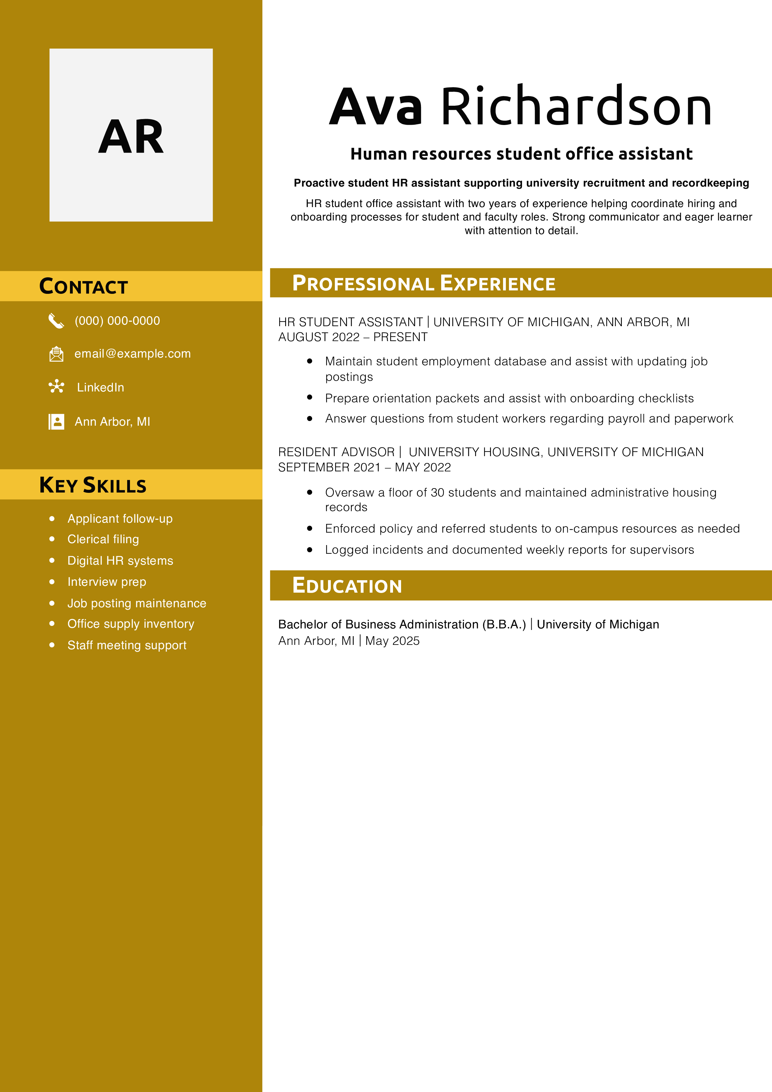 Human resources student office assistant resume