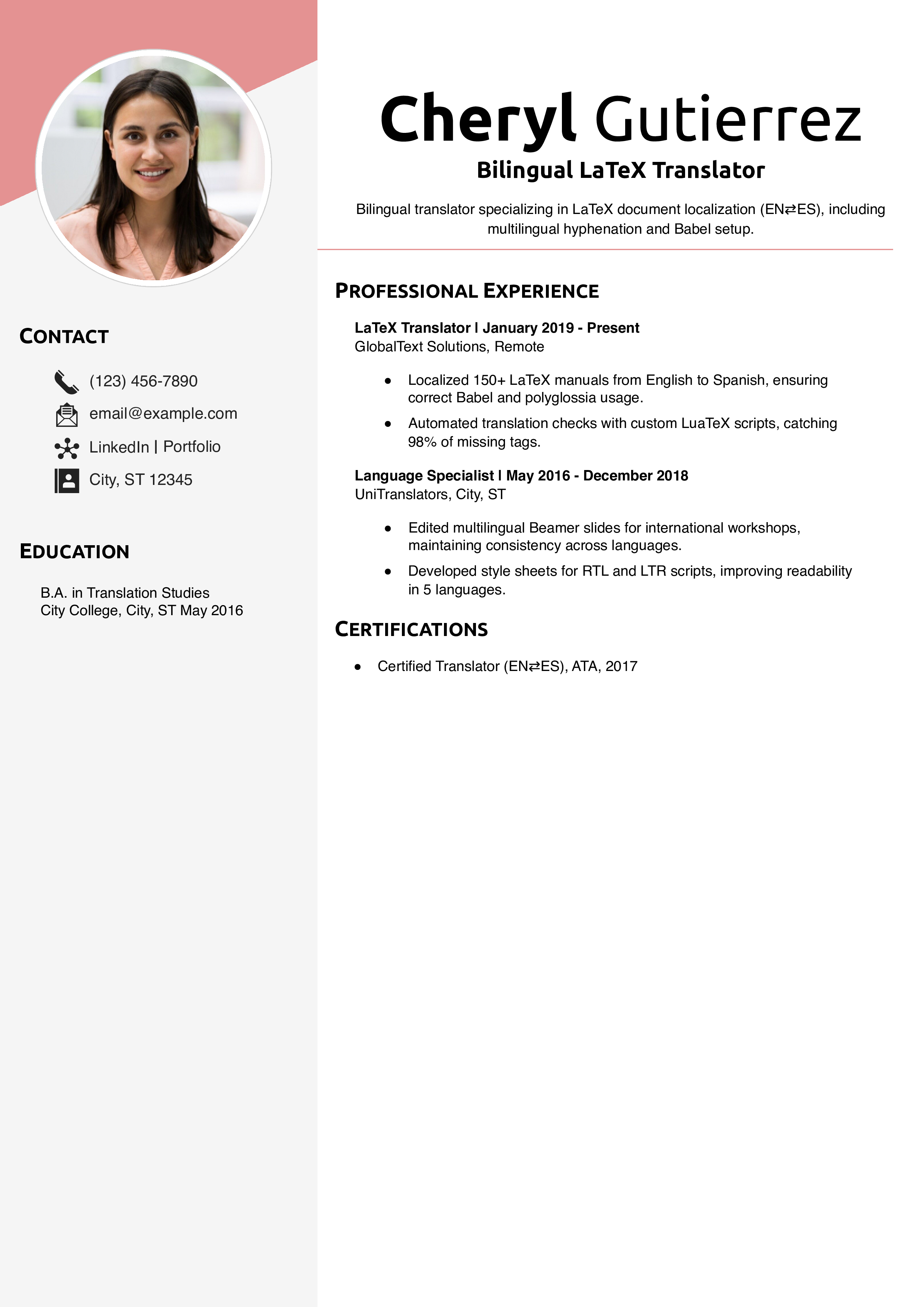 Bilingual LaTeX Translator Resume Example