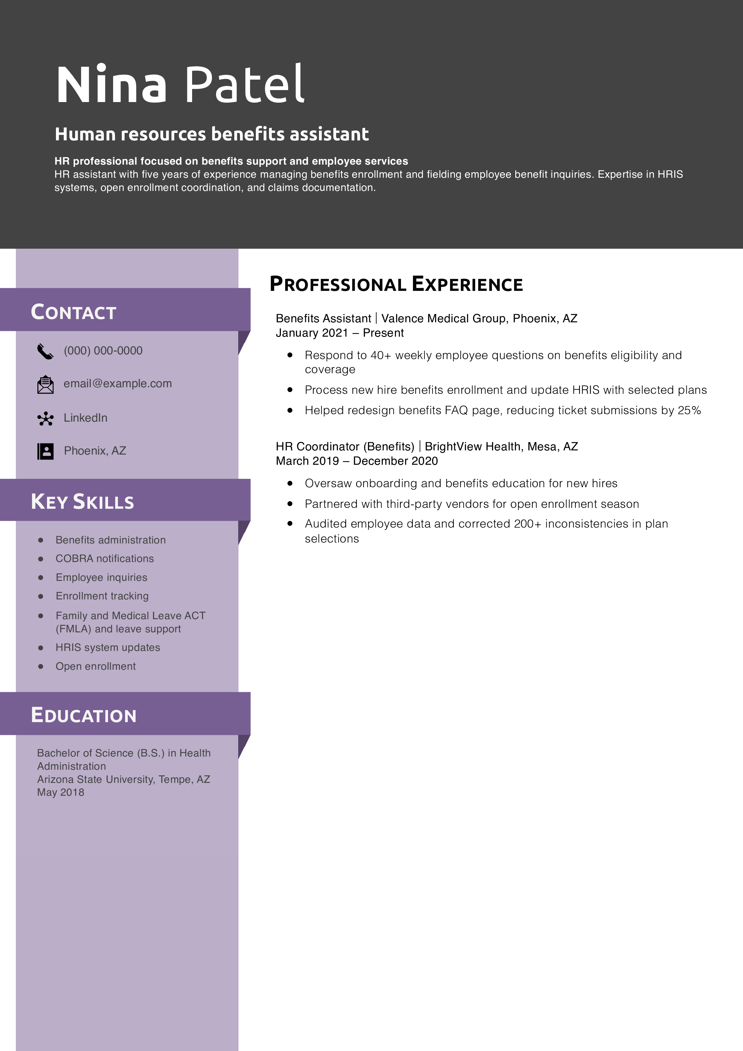 Human resources benefits assistant resume