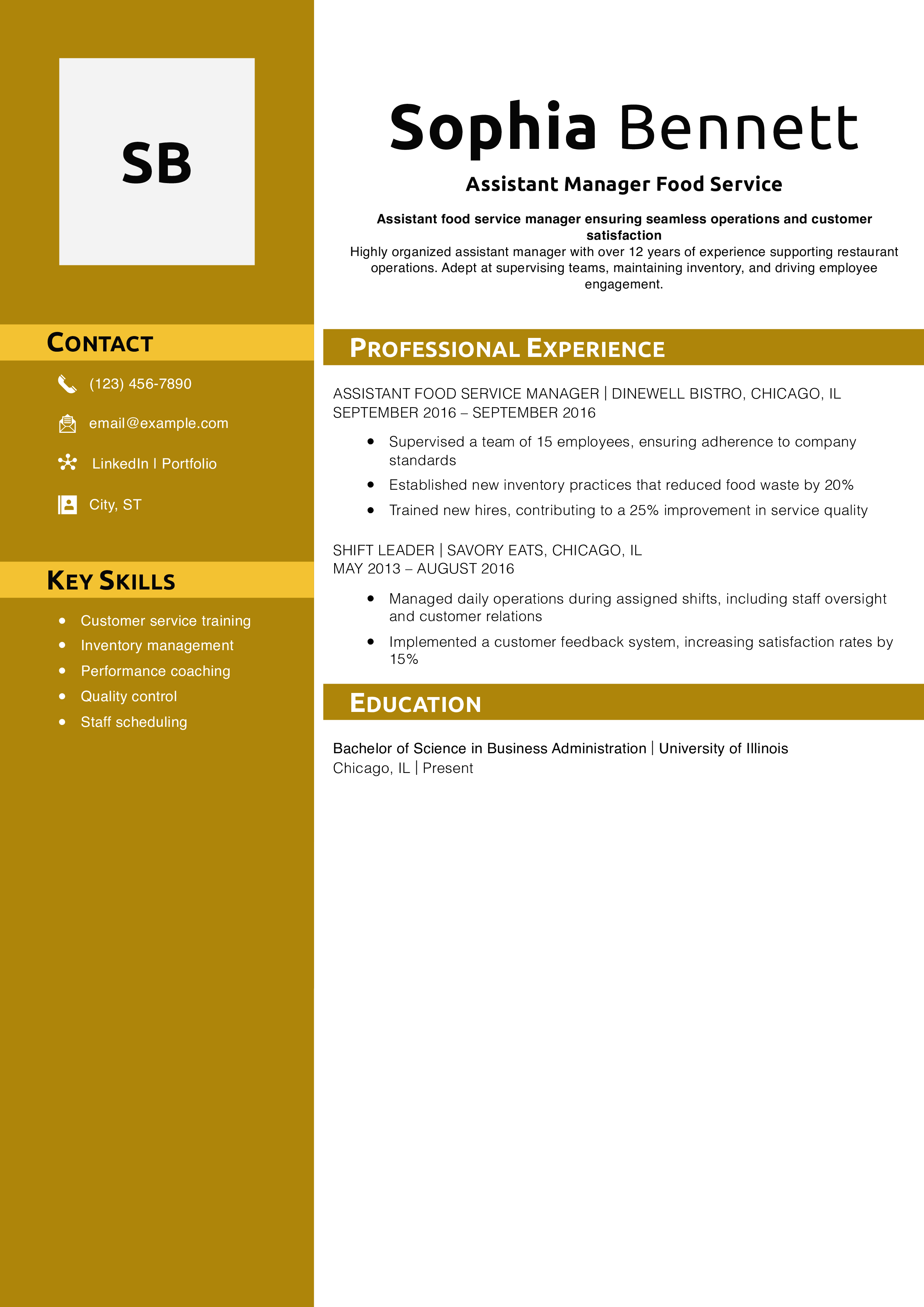 Assistant Manager Food Service Resume