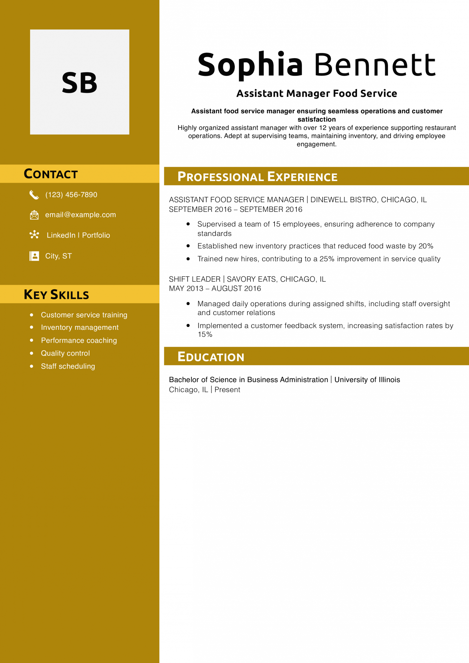 Assistant Manager Food Service Resume