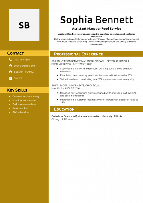 Assistant Manager Food Service Resume
