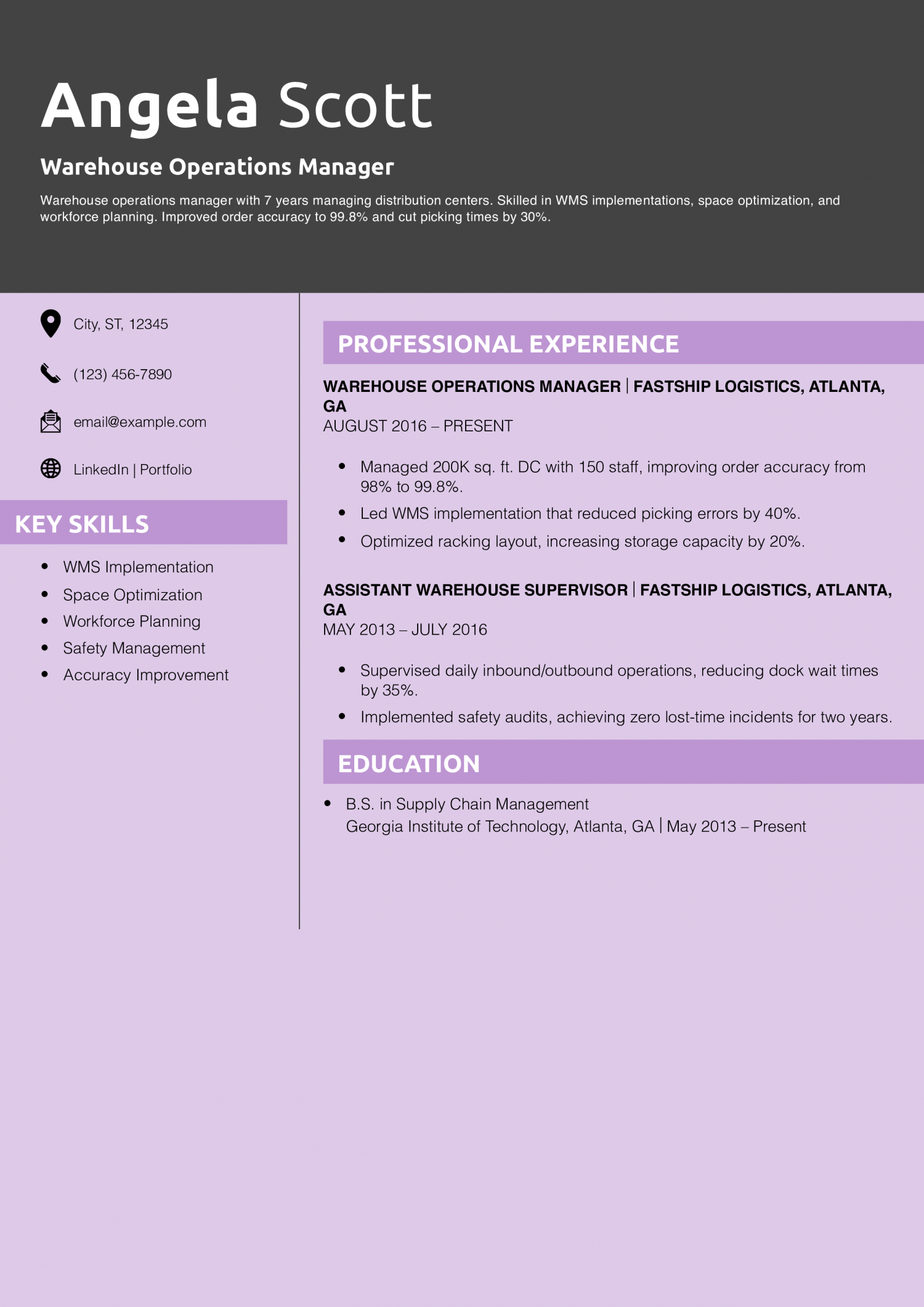 Warehouse Operations Manager Resume Example